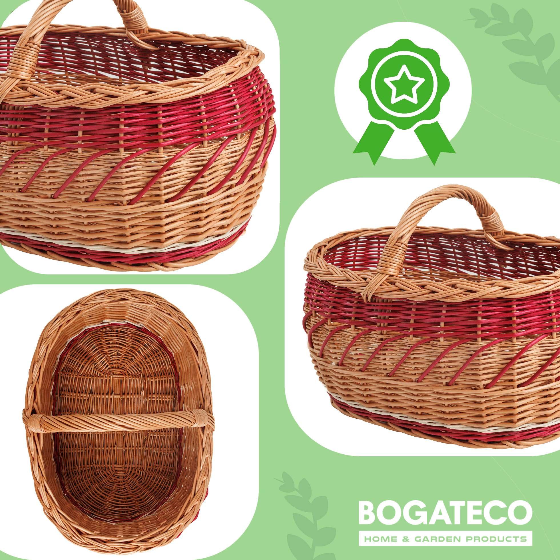BOGATECO Cestino in vimini naturale con maniglia, grande cestino per la spesa 45 x 30 x 23, tessuto a mano, disponibile in quattro colori, cestino portaoggetti, carrello | rosso