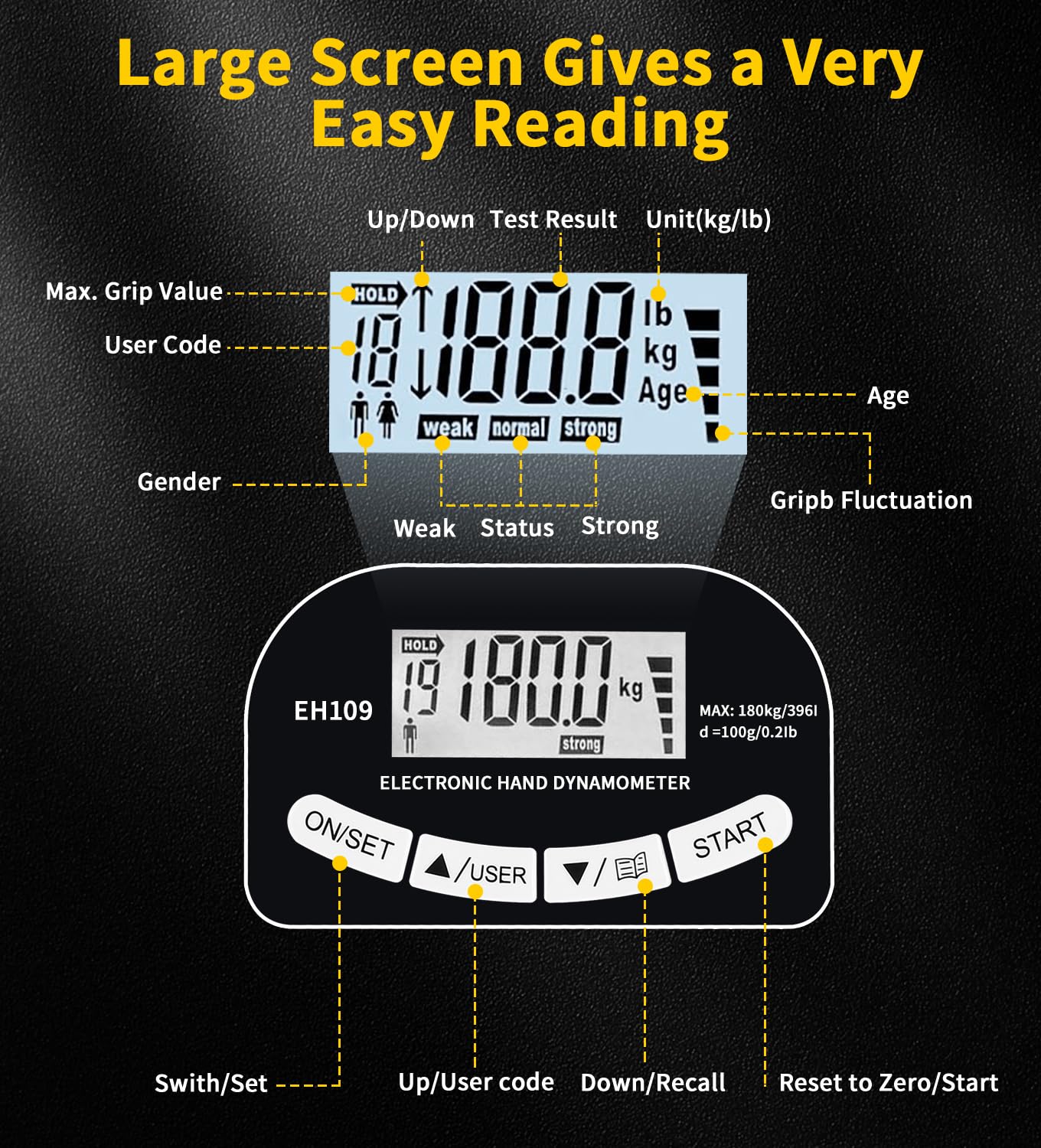 Digitaler Handkraftmessgerät,180 kg Griffkrafttrainer,Hand Dynamometer Grip Strength Trainer,Verstellbarer Handgriff-Dynamometer,Digitaler Griffkraft-Tester mit LCD-Display,Wiederaufladbar.