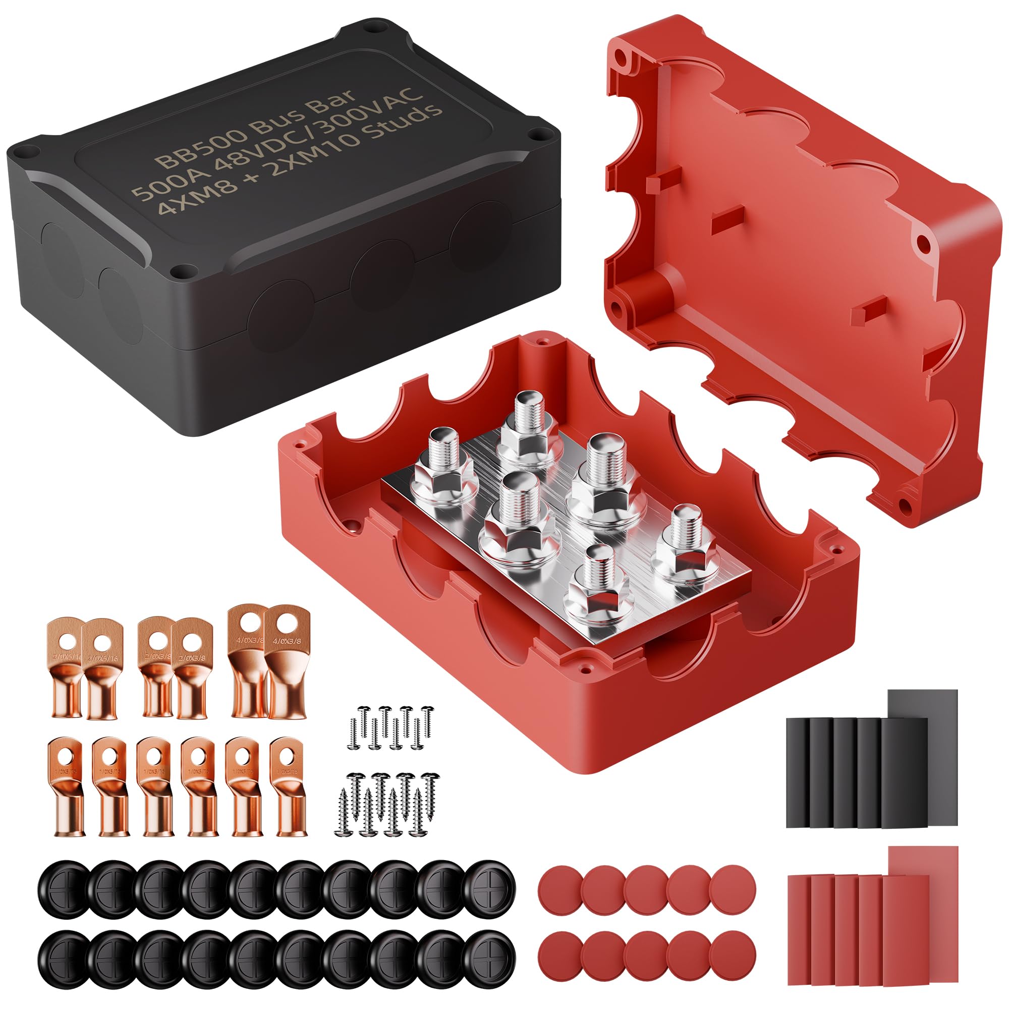 Photo 1 of DAIERTEK Copper Bus Bar 12V 500A Heavy Duty Power Distribution Block Waterproof Battery Terminal with Cover, Ground Bus Bar Positive & Negative with M8 & M10 Studs for Automotive Marine RV Solar