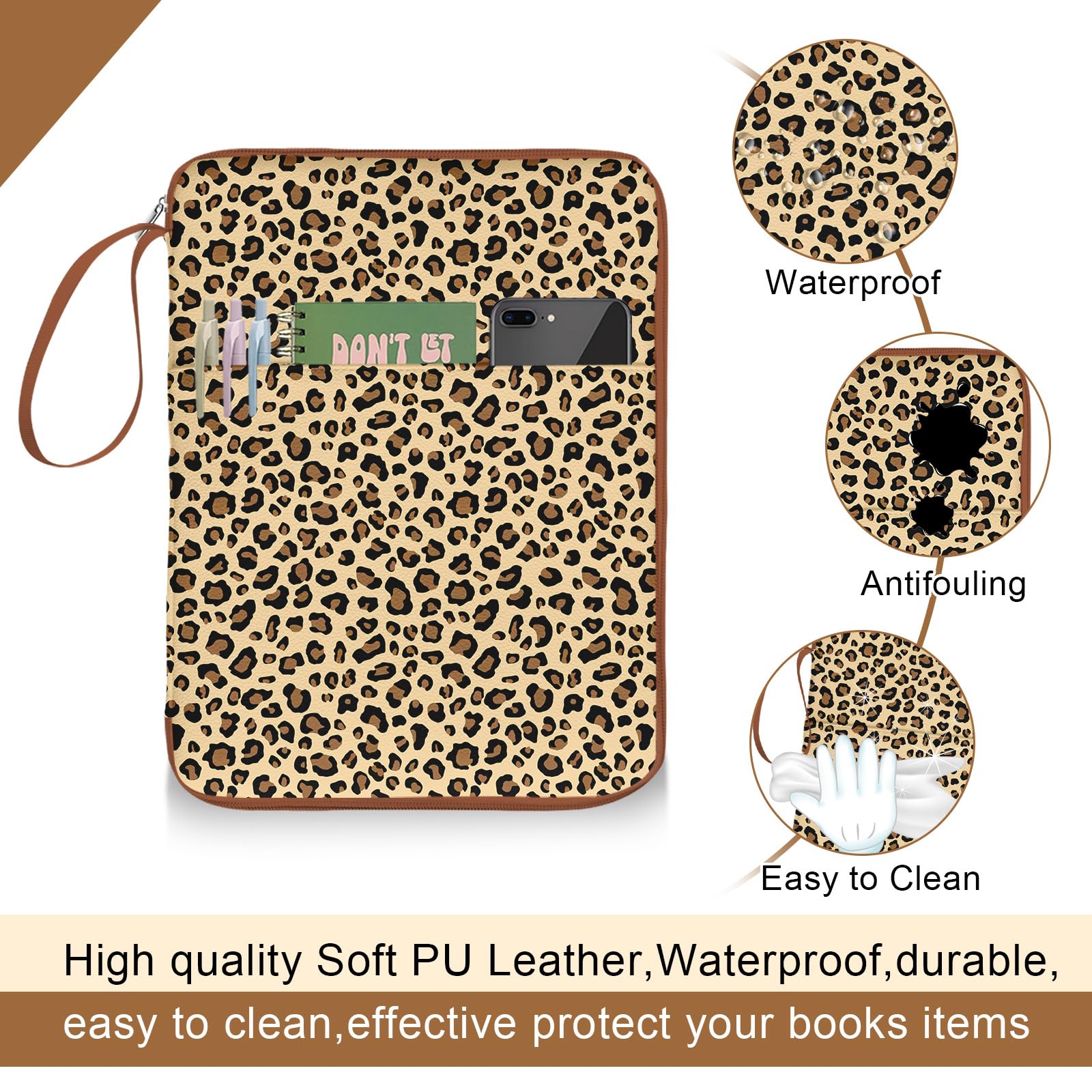 Custodia per libri leopardata con cerniera, custodia protettiva per libri in brossura, copertina rigida e libri biblici, borse con tasche e tracolla, custodia per libri per amanti dei libri, regali