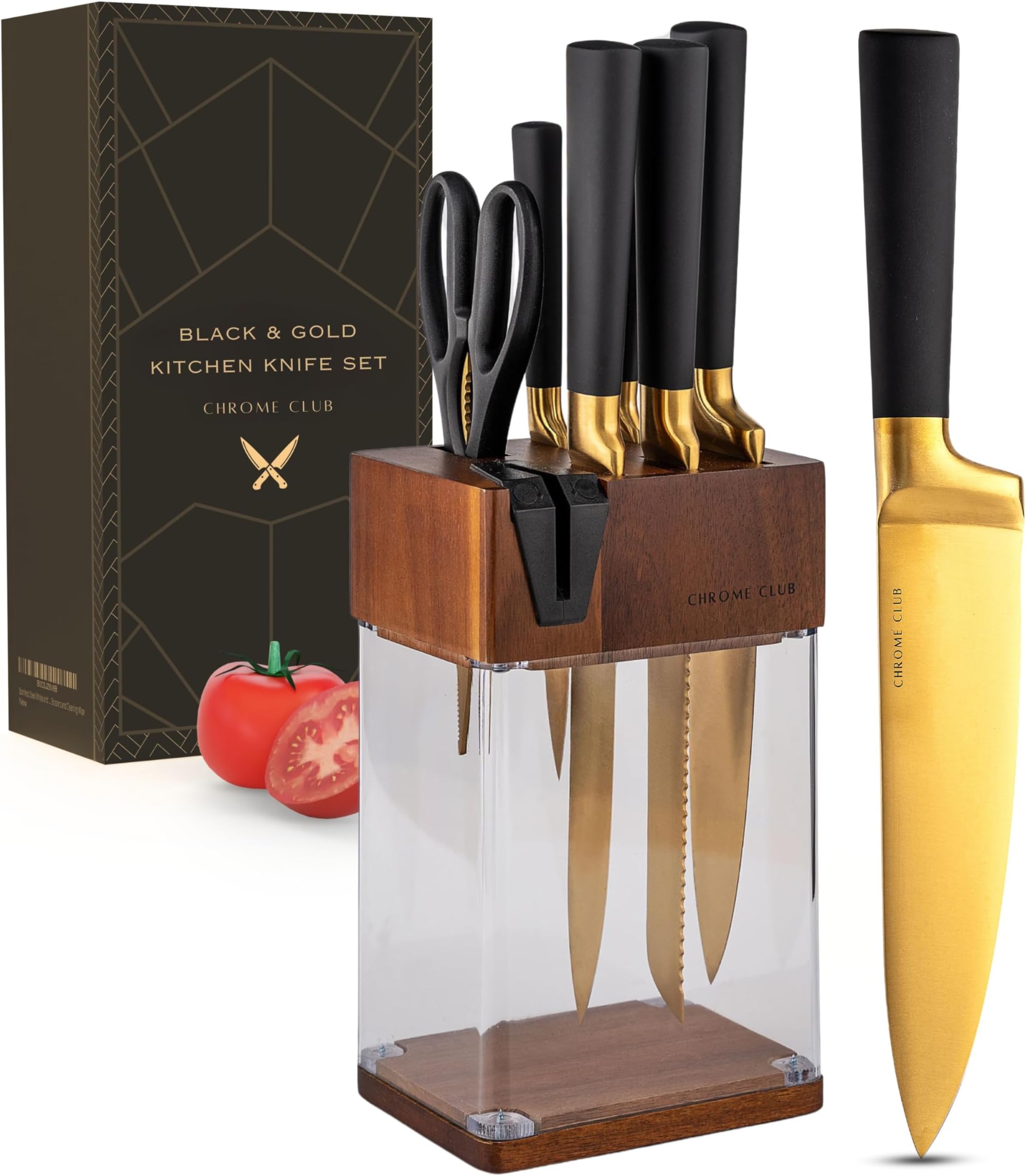 CHROME CLUB Stainless Steel 7 Piece Black and Gold Knife Set with Block with Clear Display, Durable Knife Block with Sharpener Built in, Vibrant Knife Set White with Cleaning Wipe