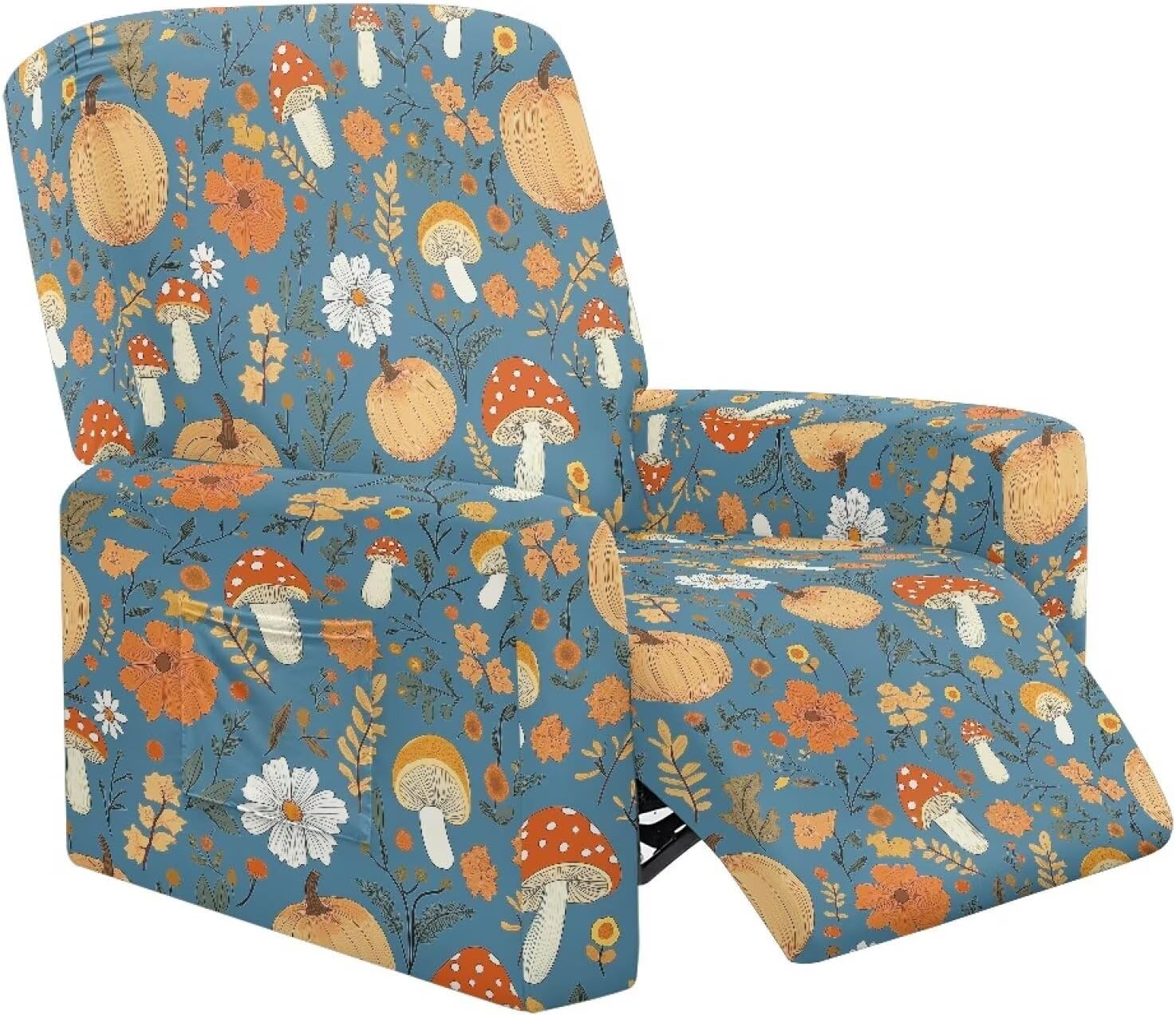 FOR U DESIGNS Pumpkin Mushroom Floral Covers for Recliners Anti-Scratch Recliner Slipcovers with Storage Pockets Non Slip Washable Reclining Chair Cover for Living Room