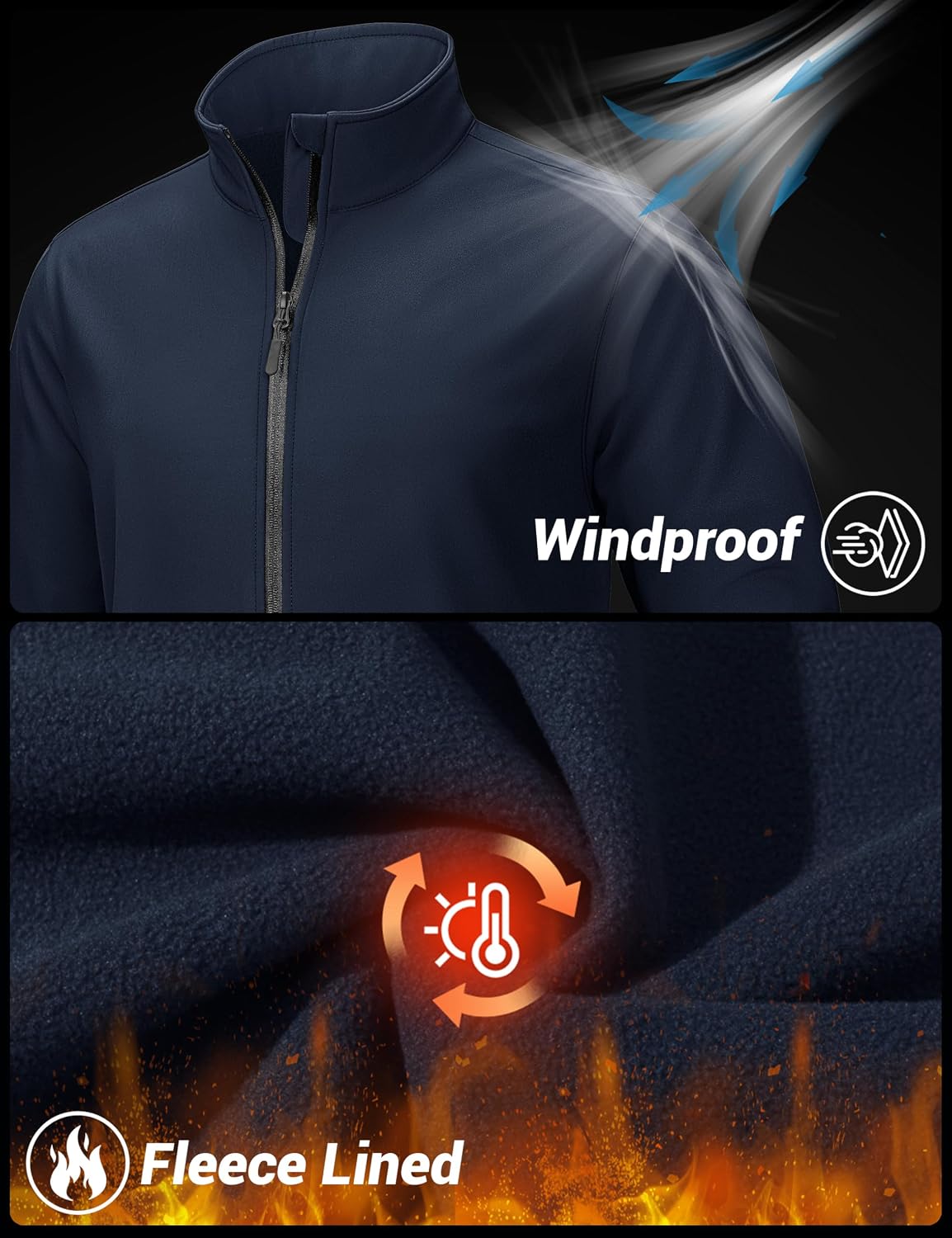 TACVASEN Men's Lightweight Softshell Jacket Waterproof Lightweight Fleece Lined Winter Coat with 4 Pockets Windbreaker