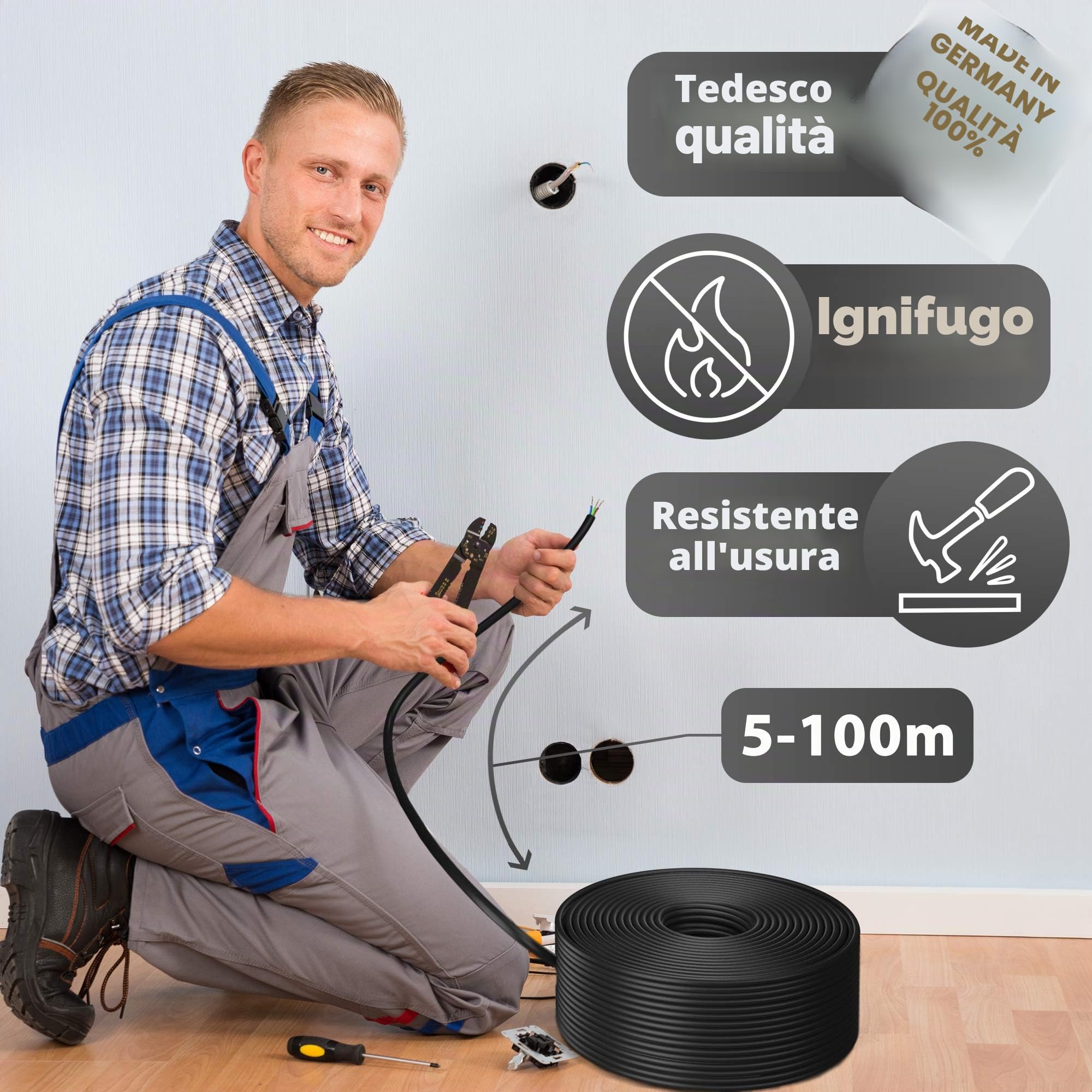 Cavo elettrico da terra 5, 10, 15, 20, 25, 30, 35, 40, 50, 60, 70, 75, 80, 90 o 100 m, NYY-J 3 x 2,5 mm², anello per posa all'aperto, terra (50 m).