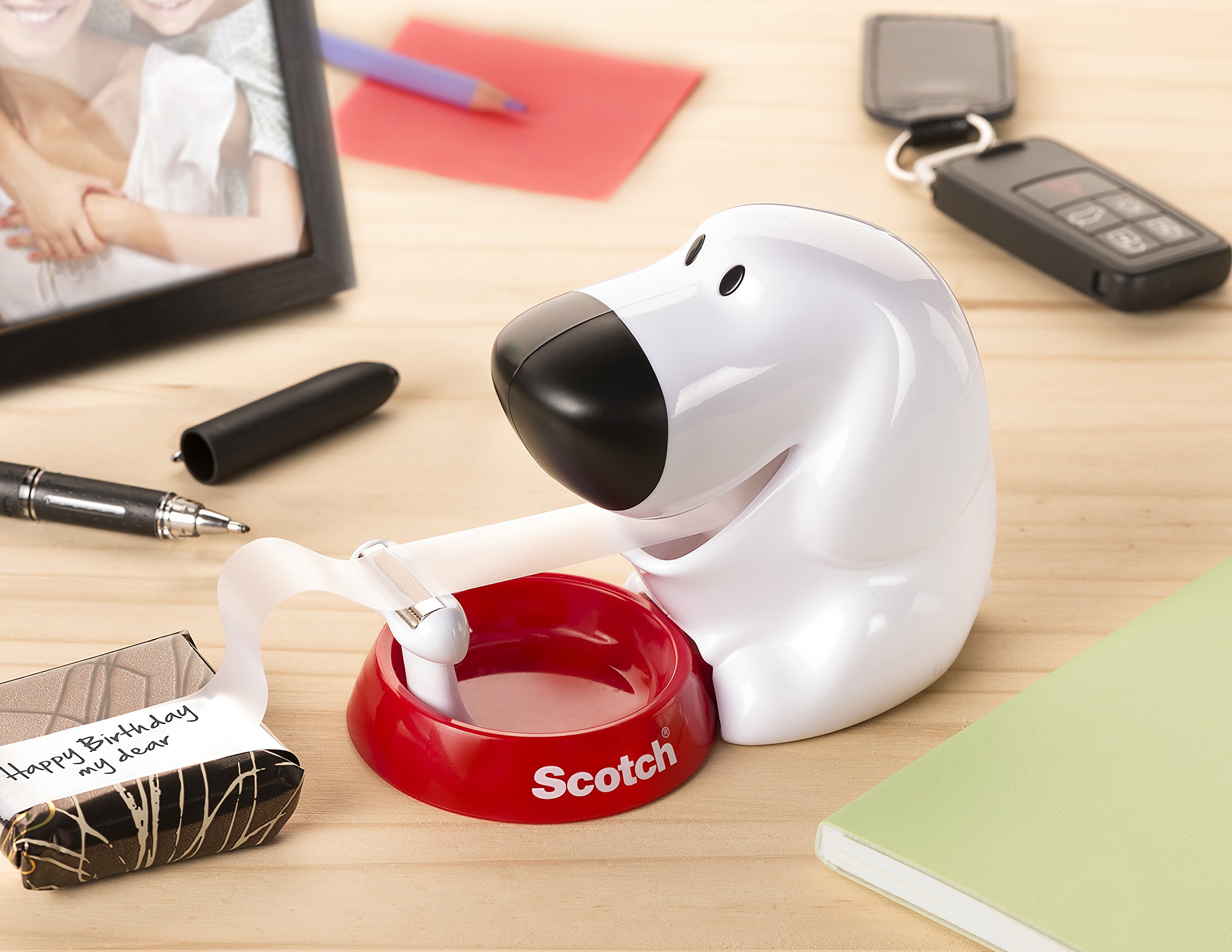 Scotch Dispenser Cane per Nastro Adesivo Piccolo, Colore Bianco con Base Rossa + Scotch Nastro adesivo Magic - 6 Rotoli - Nastro Trasparente Opaco e Scrivibile Ottimo per Casa, Ufficio e Scuola