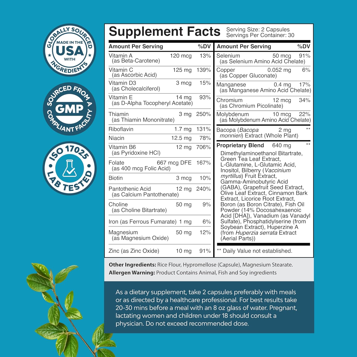 Nootropic Brain Supplement for Memory and Focus Support - Vitamins for Mental Support & Clarity with Bacopa Monnieri, VIT A, B6, Riboflavin, Niacin, Thiamin & Folate - Cognitive Complex - 60 Count