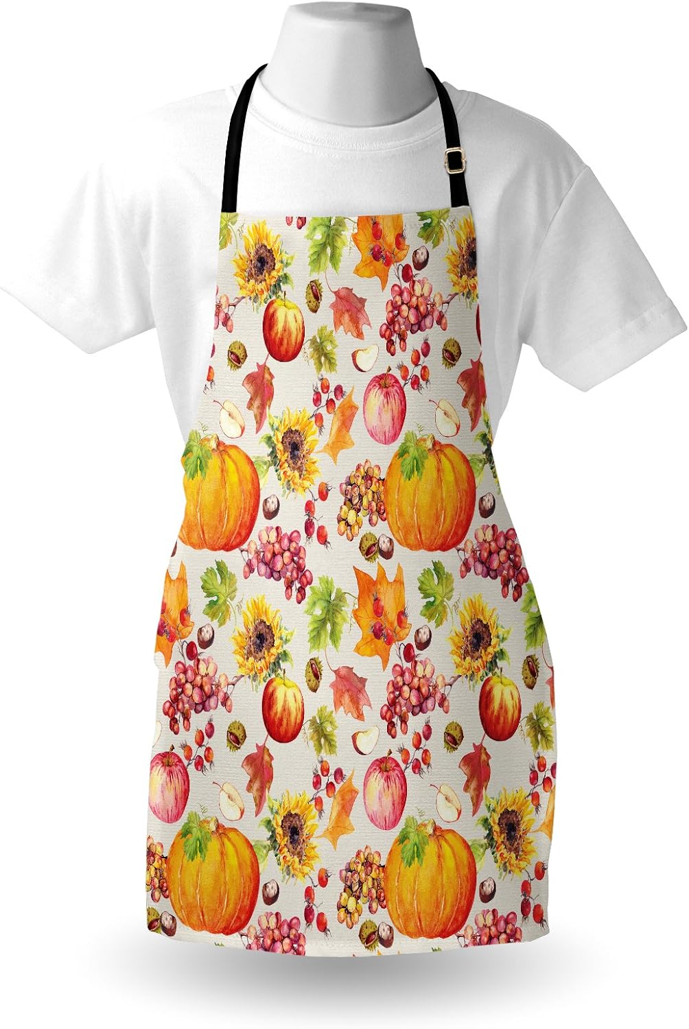 Lunarable Thanksgiving Apron, Fruits and Vegetables Pumpkin Apples Grape with Autumn Leaves in Watercolors, Unisex Kitchen Bib with Adjustable Neck for Cooking Gardening, Adult Size, Orange