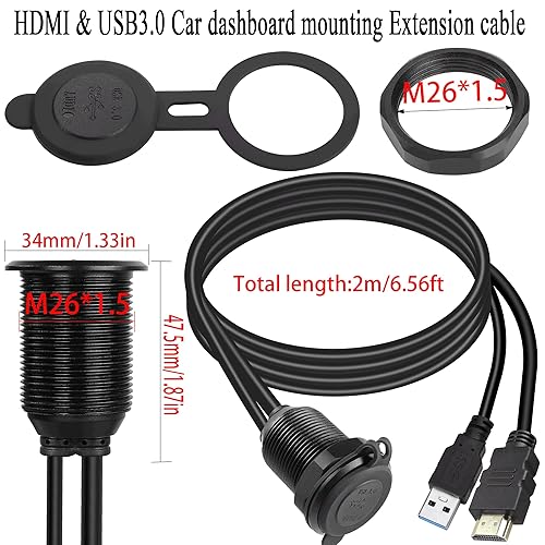 Miniatura 6 de QIANRENON USB3.0 y HDMI - Cable impermeable para automóvil, USB3.0+HDMI 1.4 roscado, cable de extensión de datos de montaje fijo, luz LED, carcasa