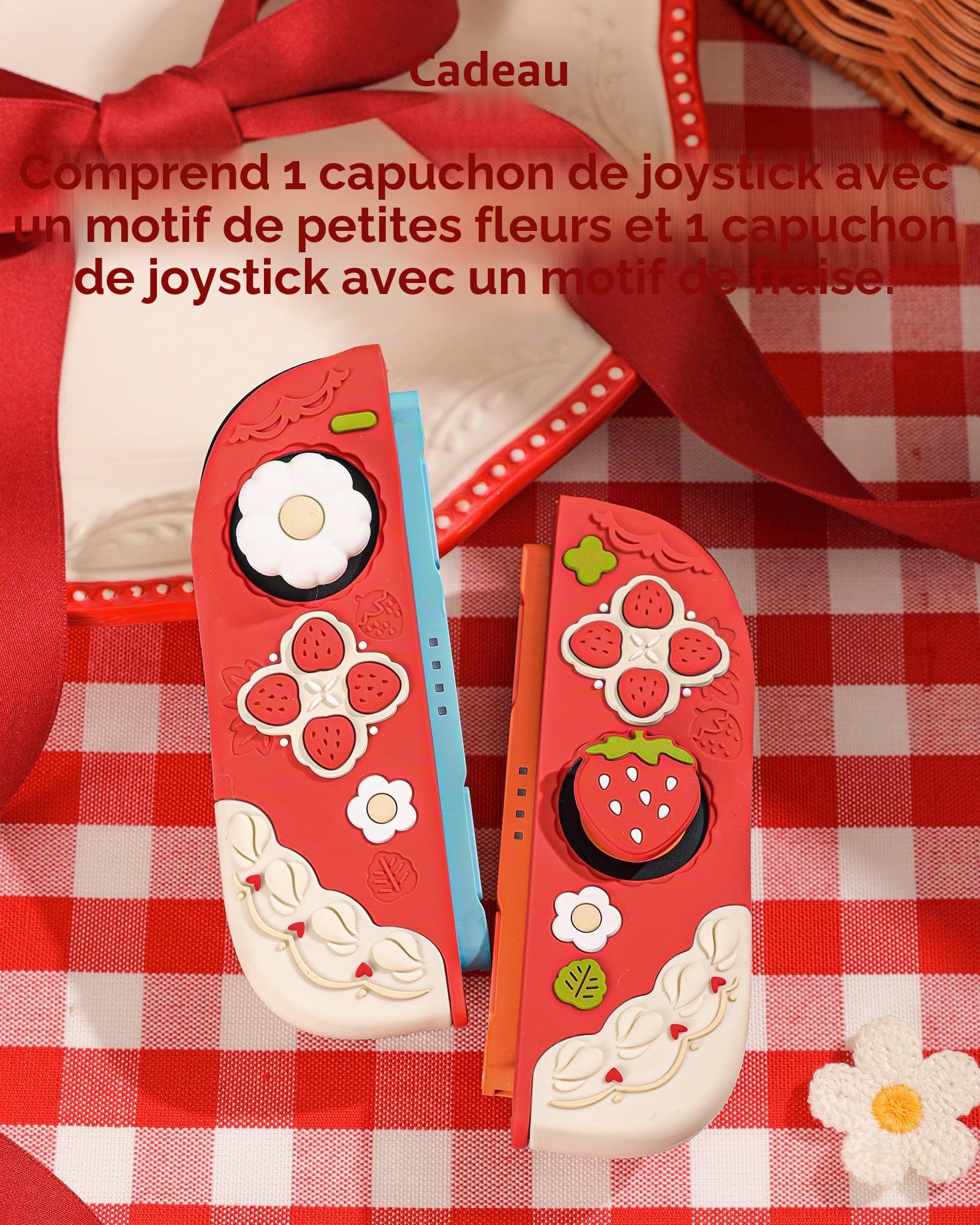 GeekShare Coque de Protection en Silicone Souple Compatible avec Switch 2 Coque Anti-Rayures Compatible avec Switch 2 Coque Amovible avec 2 Capuchons Poignée de Pouce - Fraises avec Crème (Rouge)