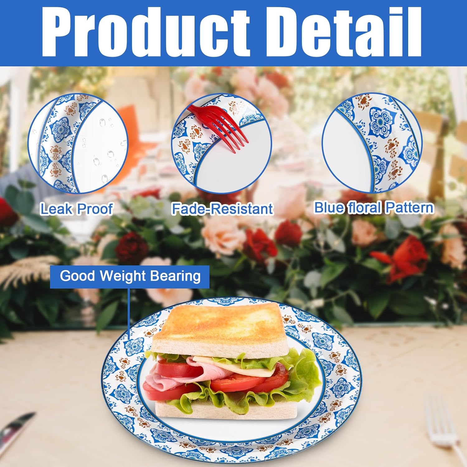 10 Inch Blue Floral Paper Plates, 100pcs Large Disposable Plates, Heavy Duty Flower Plate Tableware for Party, Daily Use, Soak Food,Cut Food, Family Gathering, Dinner Time Birthday Wedding