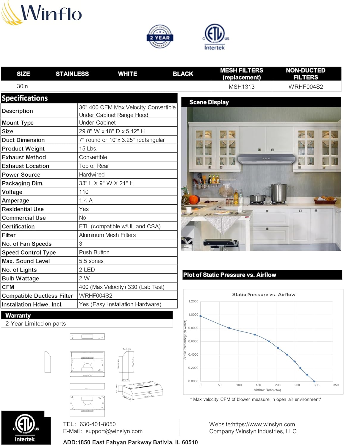 Winflo 30 In. Convertible Stainless Steel Under Cabinet Range Hood with Mesh Filters and Push Button Control