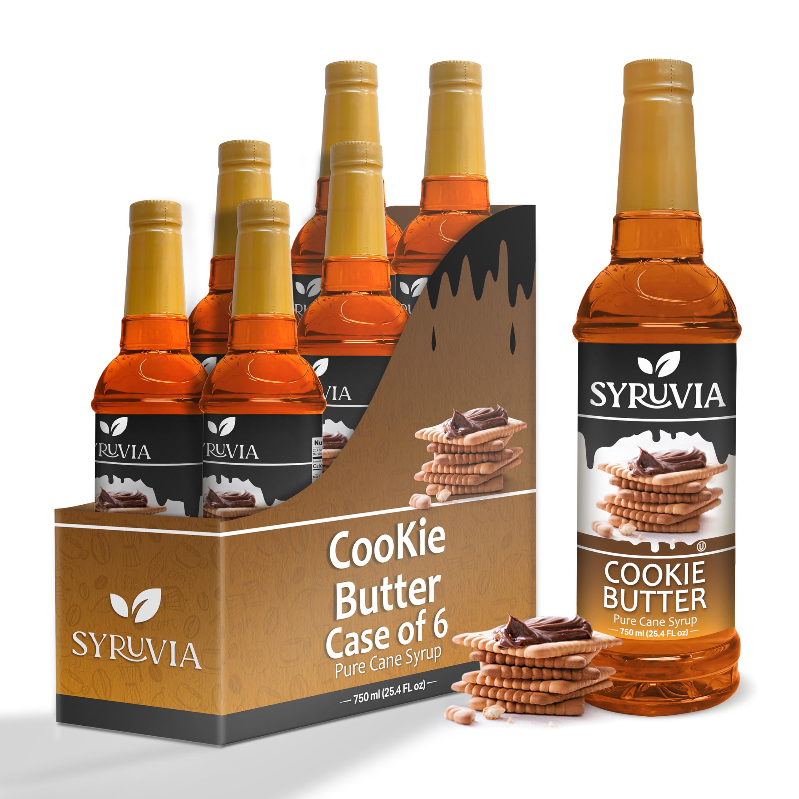 Cookie Butter Syrup by Syruvia 6-Pack, 25.4 fl oz, Wholesale Coffee Syrup Shops, Cafes, Baristas, Bistros, & Beverage Bars, Bulk Kosher & Gluten-Free