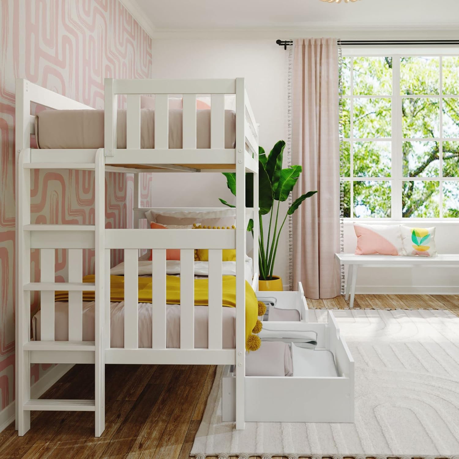 Max & Lily Twin-Over-Twin Bed Frame for Kids with Ladder on End and Storage Drawers, White