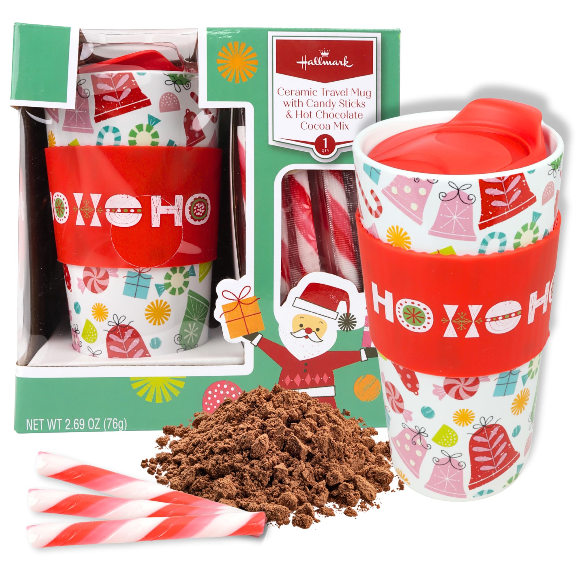 Galerie Hallmark Hot Chocolate Gift Set, Includes Single Serve Packet of Cocoa Powder, Candy Cane Sticks, and Ceramic Travel Mug, Gourmet Stocking Stuffer