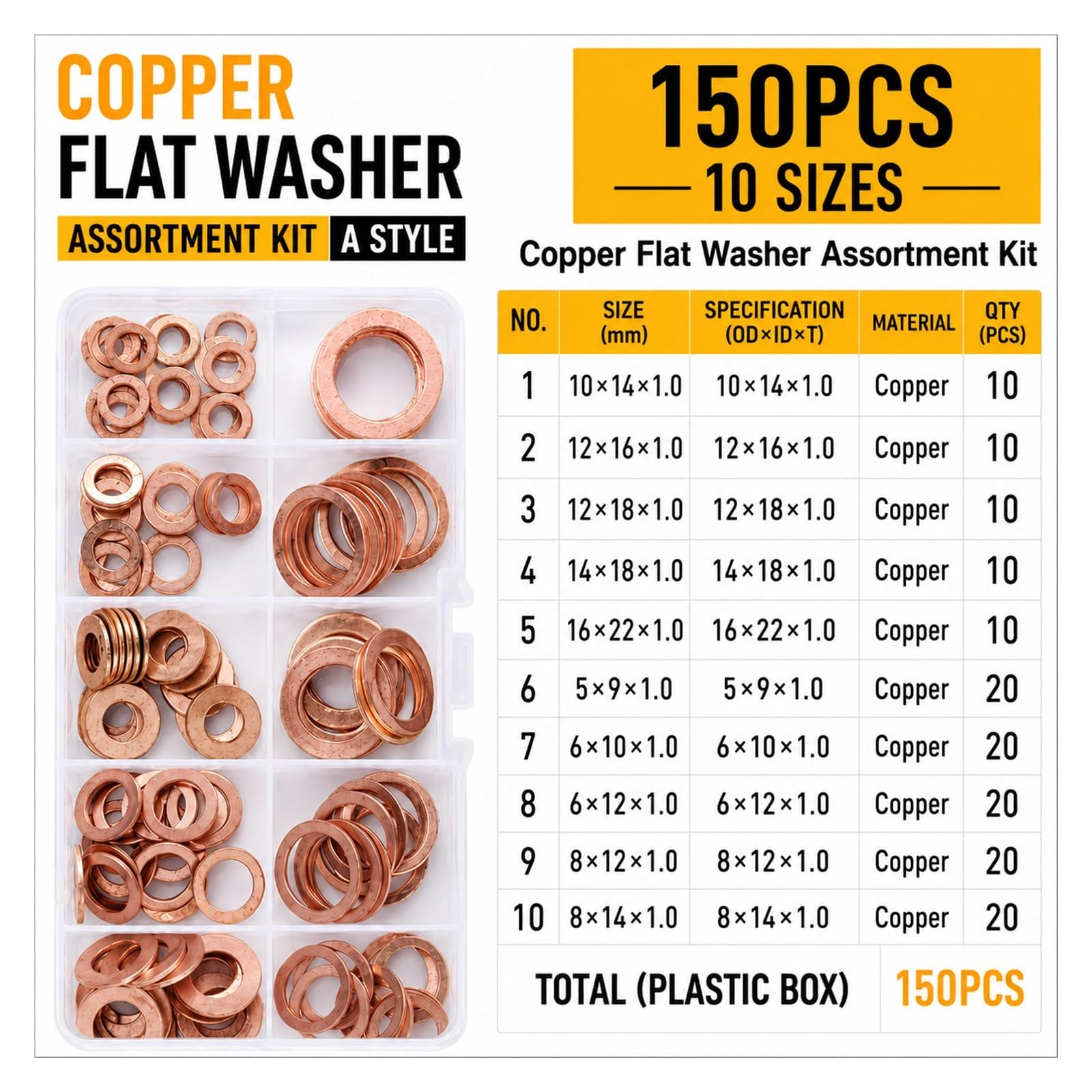 Flache Unterlegscheibe 150/178-teiliges Rotkupfer-Unterlegscheiben-Sortiment-Set M3-M30 fester Dichtungsring(Set A-(150 Pcs))