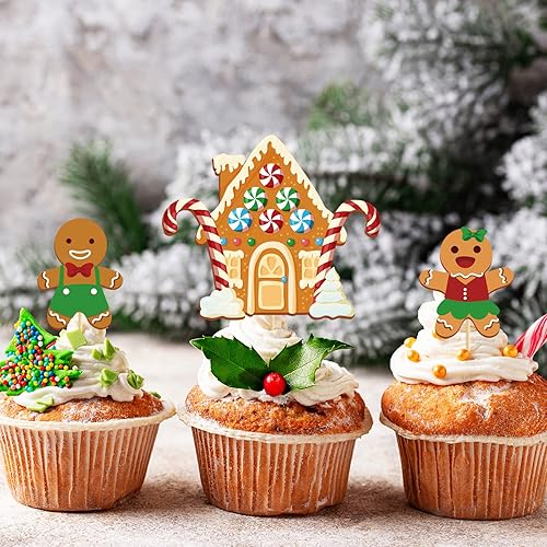 Miniatura 3 de 48 adornos de Navidad para cupcakes con palos y punta de pegamento, 7 diseños de hombre de jengibre, lindos adornos de comida de Navidad para