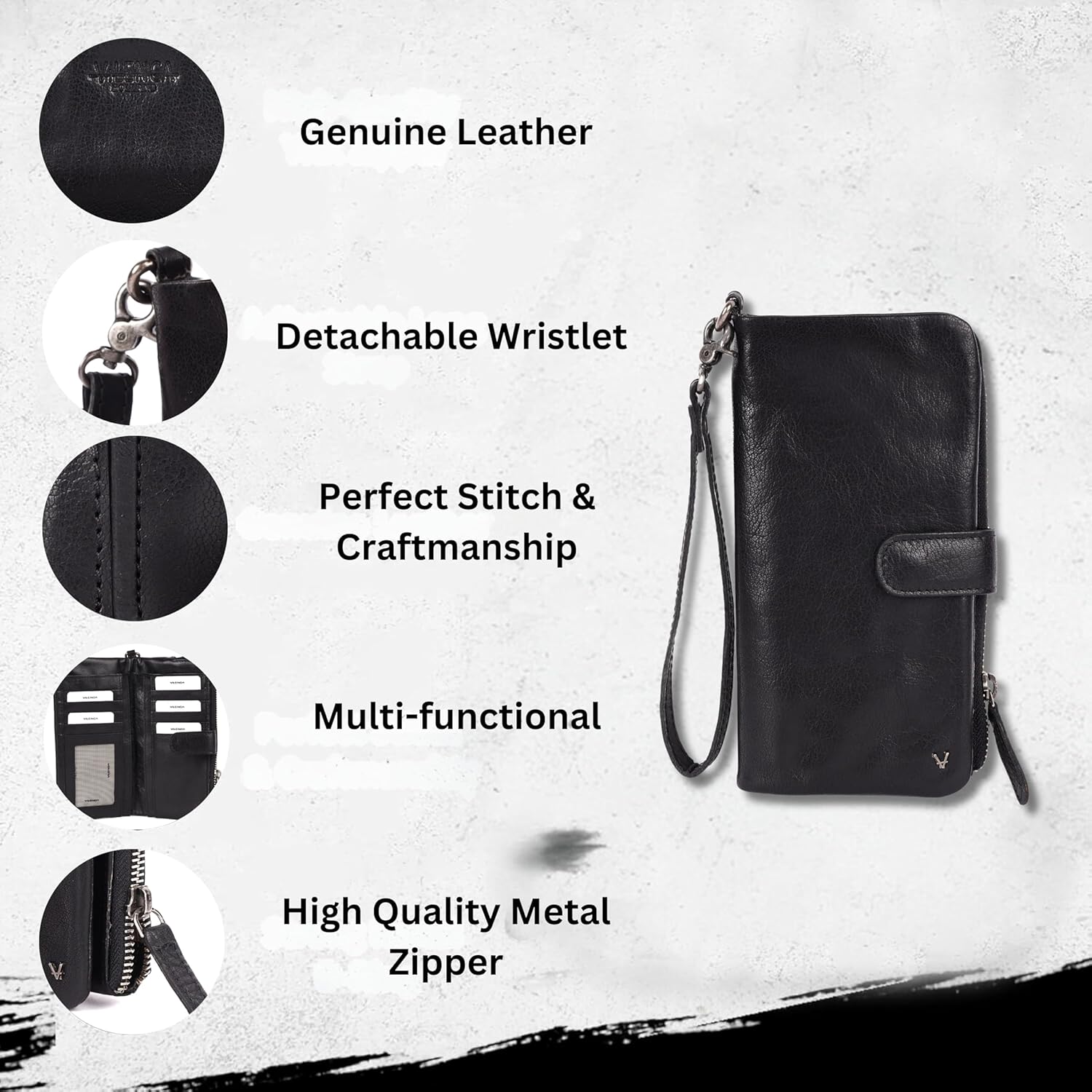 Genuine Leather Wallets for Women, Small Wallet for Ladies Zipper Coin Purse Credit Card Holder with detachable wristlet (Black) - Image 2