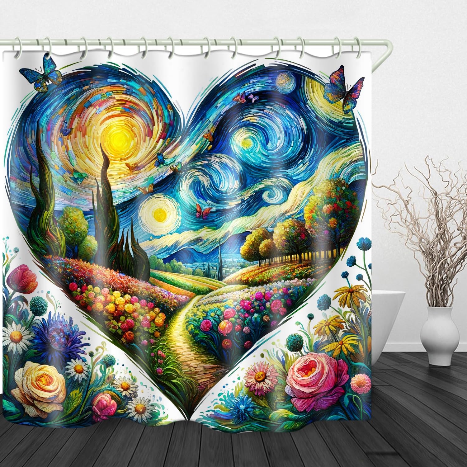 LYFANS Heart-Shaped Artistic Floral Shower Curtains, Designed with Waterproof Fabric Shower Curtains, Bathroom Shower Curtain Set with Plant Shower Curtain 72 "Wx72 L Inches, with Hooks.