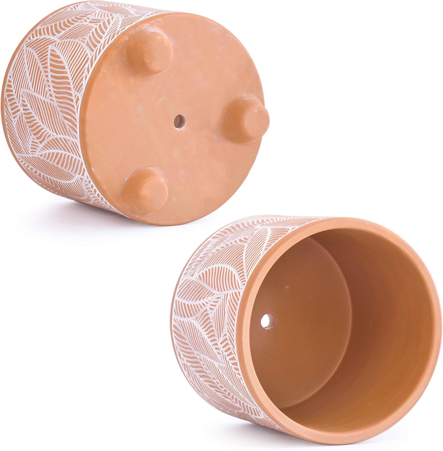 D'vine Dev Set of 2 Terracotta Planter Pots, 4 Inch & 6 Inch, Design Plants Pot with Drainage Hole, Sahara Fern, Terracotta/White, 31-953-H-1