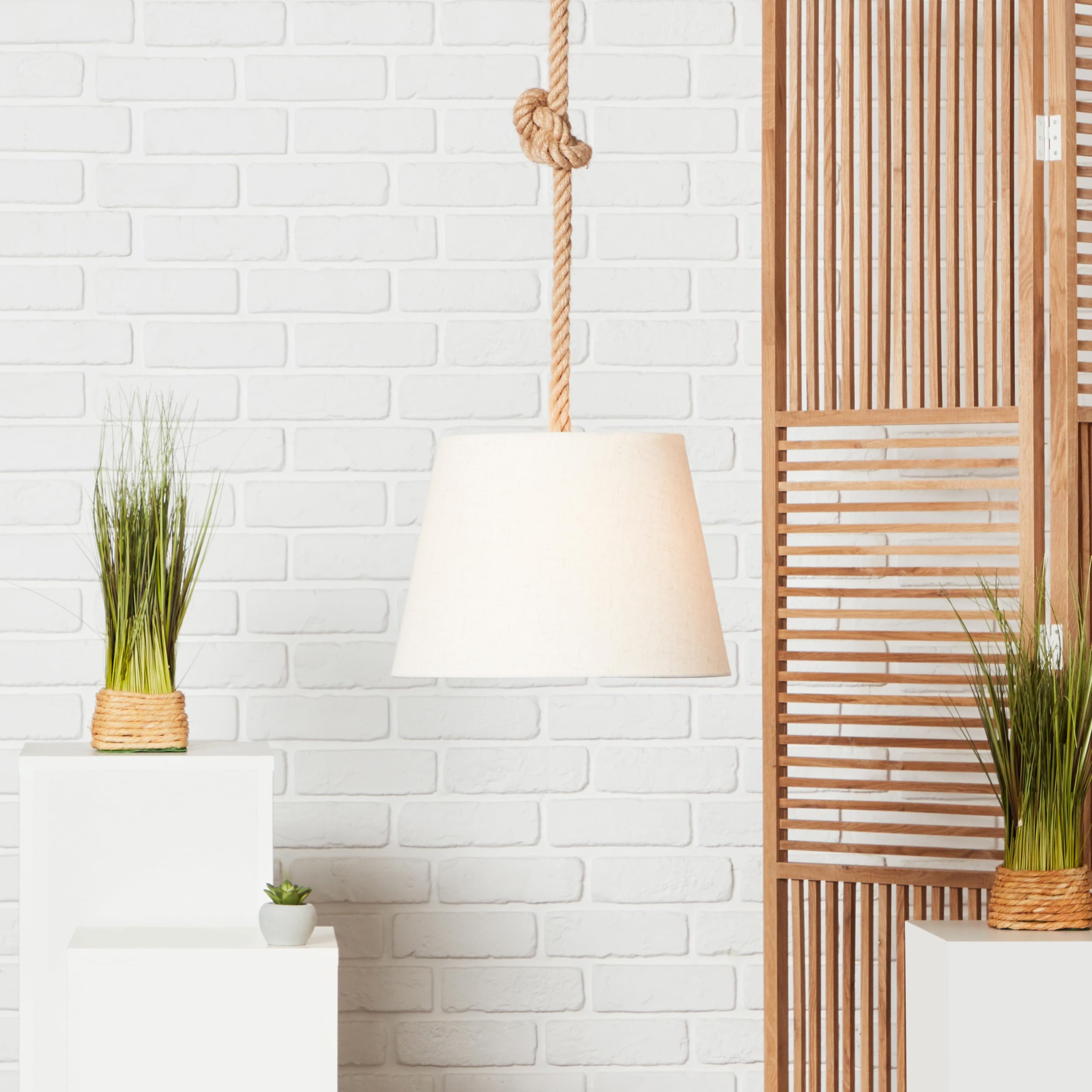 Lightbox Boho Hängelampe mit Stoffschirm & Seil-Kabel - natürliche Pendelleuchte Ø 35 cm - Lampe für Esstisch, Wohnzimmer & Schlafzimmer - E27 Fassung exkl. LED