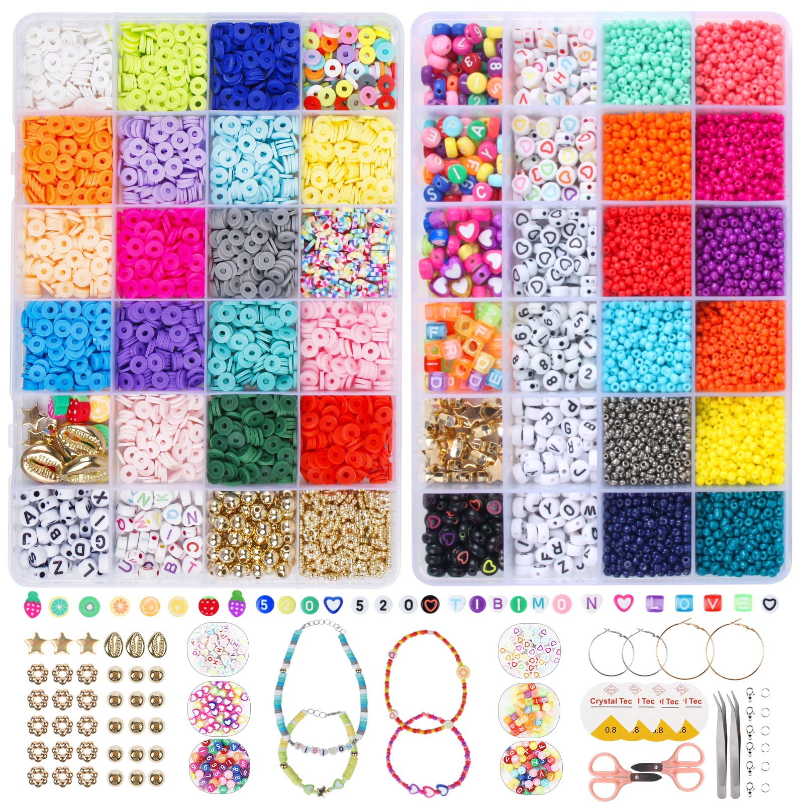 Tibimon Beads Set for Bracelets, 6600Pcs Glass Seed Beads and 3100 Pcs Flat Clay Beads Set with Letter Beads, DIY Beads Craft Set for Jewelry Bracelets Making