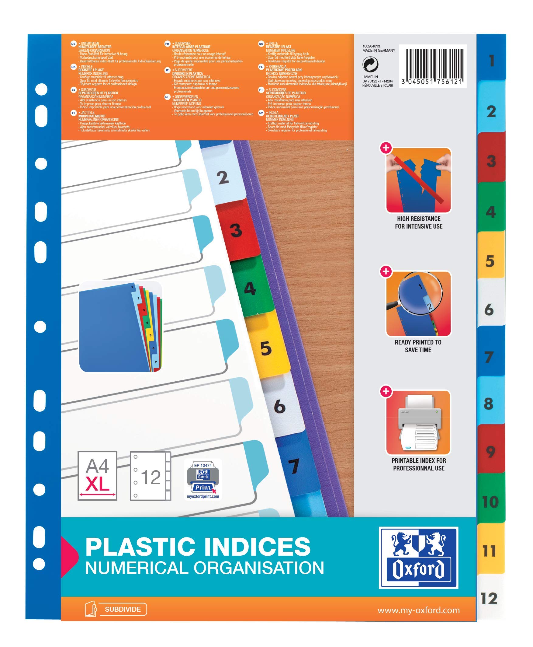 Oxford Kunststoff- Register "Strong Line", DIN A4 XL, 1-12, 6-farbig, 25er Pack