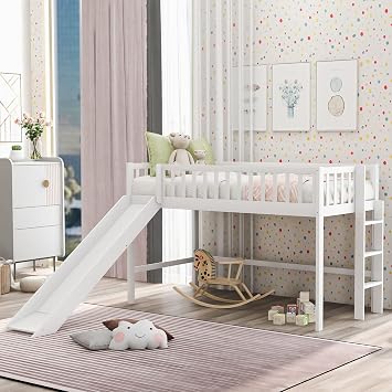 Majnesvon Twin Loft Bed with Slide,Wood Loft Bed Low Profile for Boys Girls, Built-in Ladder and Guard Rail,No Box Spring Needed
