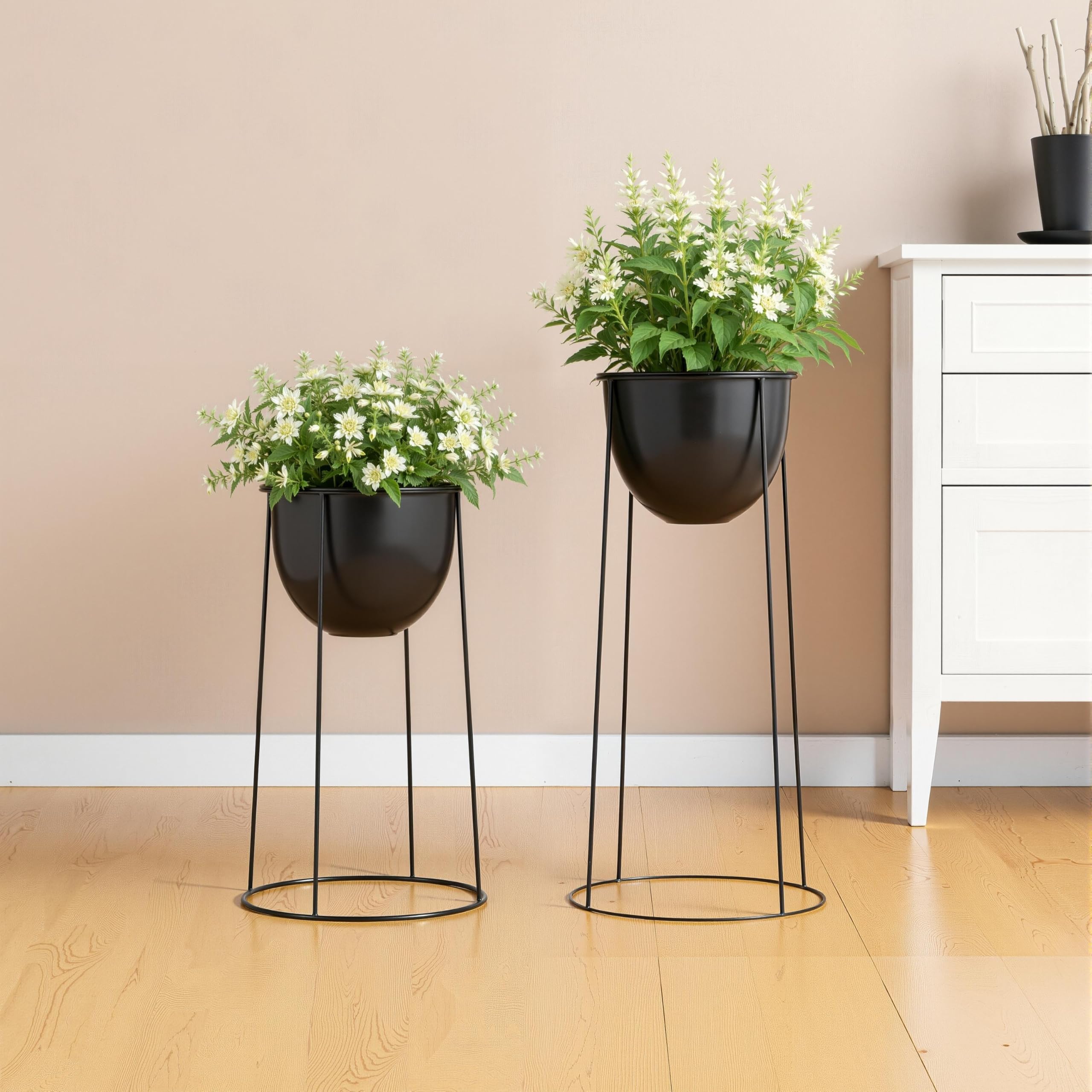 Ribelli Metall Blumentopf Ständer 2er Set φ25/28,5 cm, Blumenhocker mit Übertopf, Blumentreppe Pflanzenständer Blumenständer für Draußen & Innen, Pflanzenregal für Haus & Garten Dekoration (Schwarz)