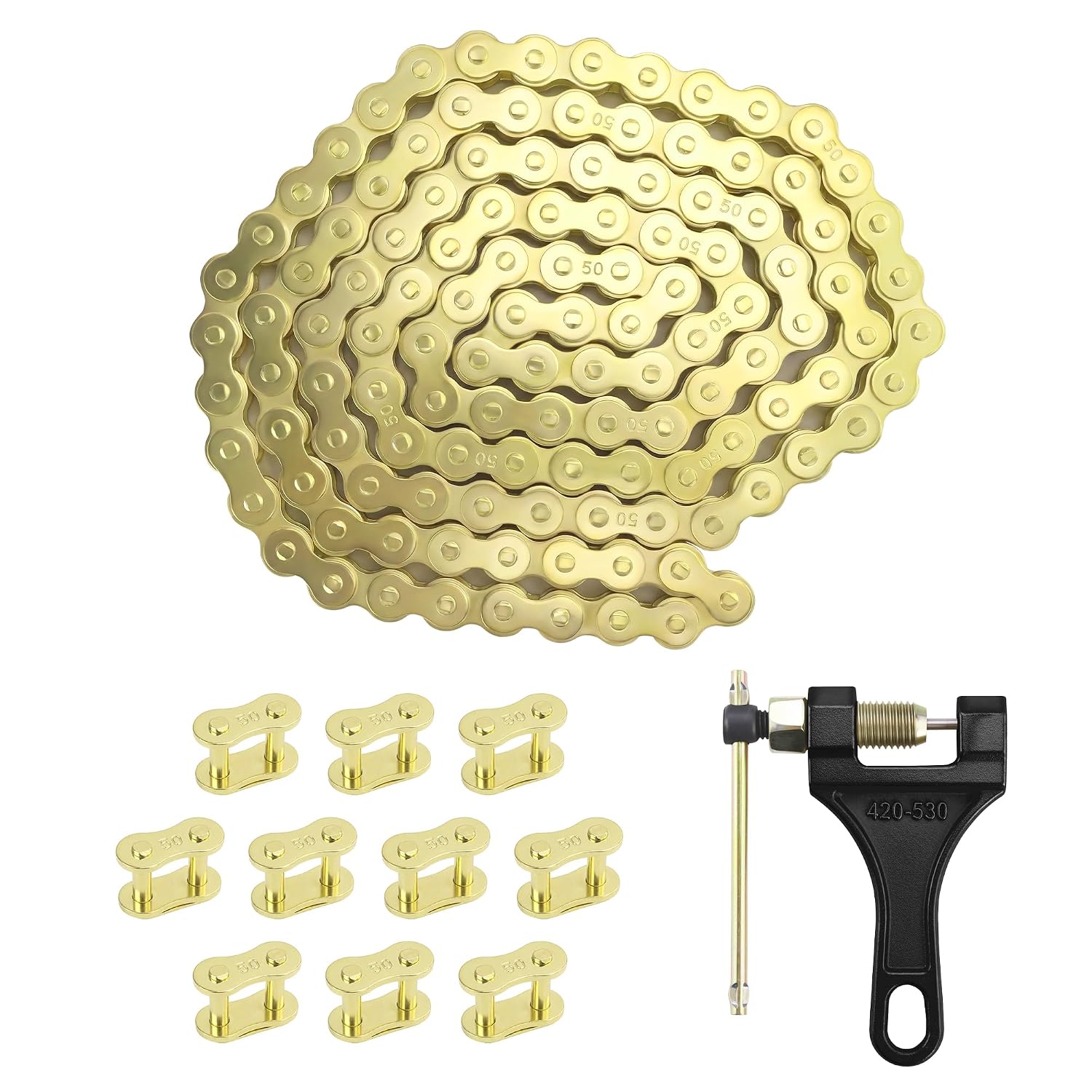 530 Motorcycle Drive Chain-120 Links Universal Kit for 50/70/90/110/125/196/212cc Engines Fits SSR TaoTao Coolster Baja ATVs Mini Bikes Dirt Bikes Go-Karts and Chain Breaker Tool Gold