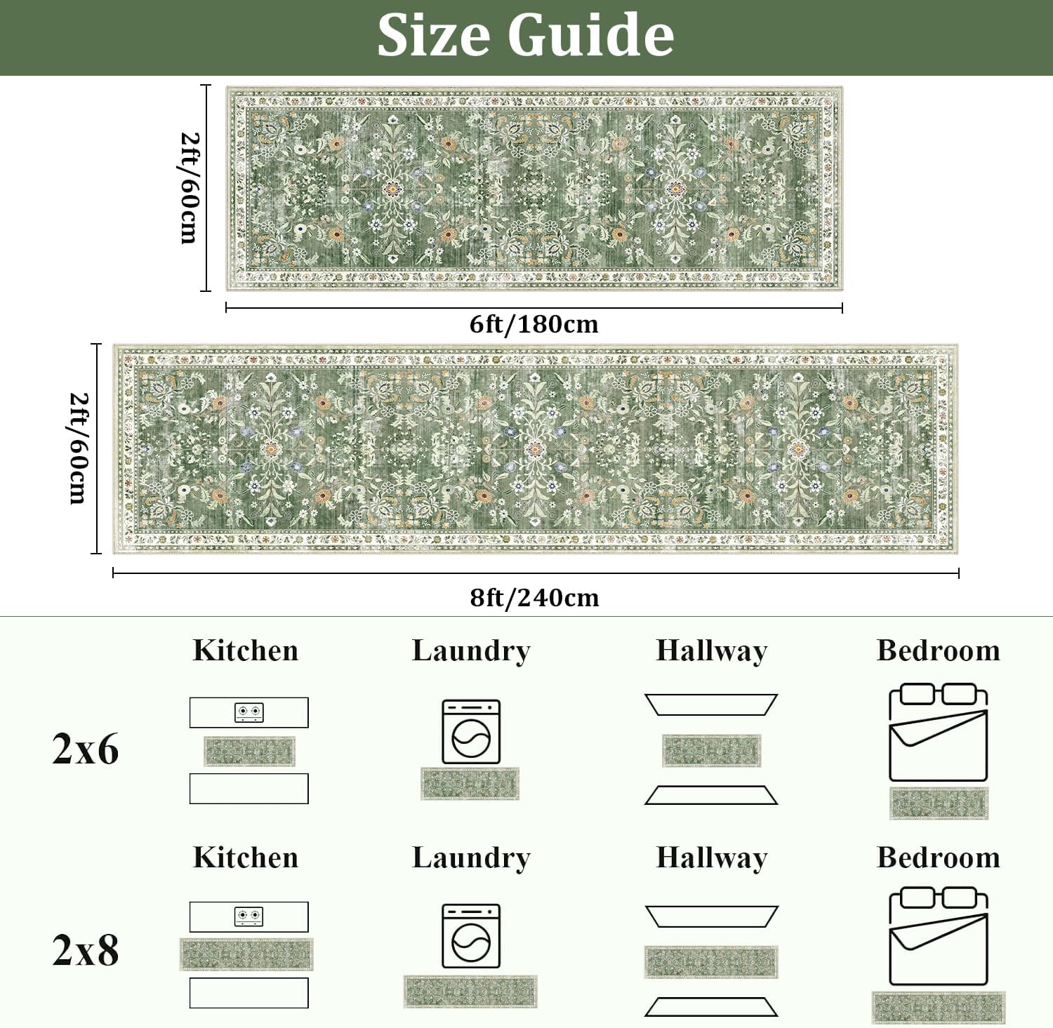 (Similar to) Yamaziot Washable Runner Rug 2x12 – Floral Non Slip Boho Hallway Runner Rug with Rubber Backing, Low Pile Faux Wool Distressed Carpet for Kitchen, Laundry, Bedroom, Entrance, Green Green 2' x 12'