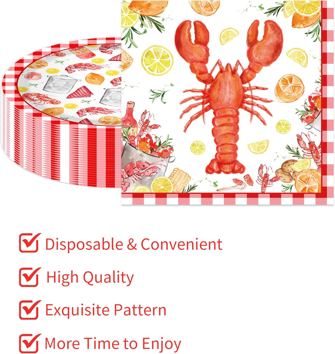80 Pcs Crawfish Party Plates and Napkins for 40 Guests Crawfish Party Supplies Disposable Tableware Set Crawfishs Red Gingham Paper Plates Napkins for Lobster BBQ Parties, Summer Picnics Barbecue - Image 4