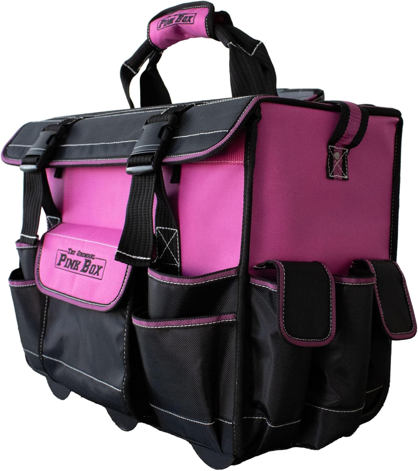 18-Inch Heavy Duty Rolling Tool Bag | Water Resistant, Portable Tool Storage Organizer with Wheels, Telescoping Handle, Pink