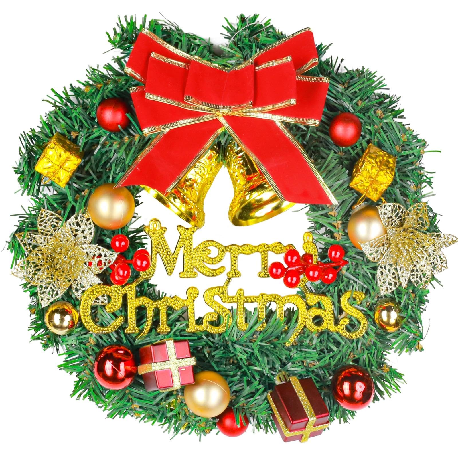 Flow Fire Gold, Red 12Inch/30Cm Christmas Wreath With Gold Ball, Red Ball And Bell, Xmas Wreath For Front Door, Wall, Window