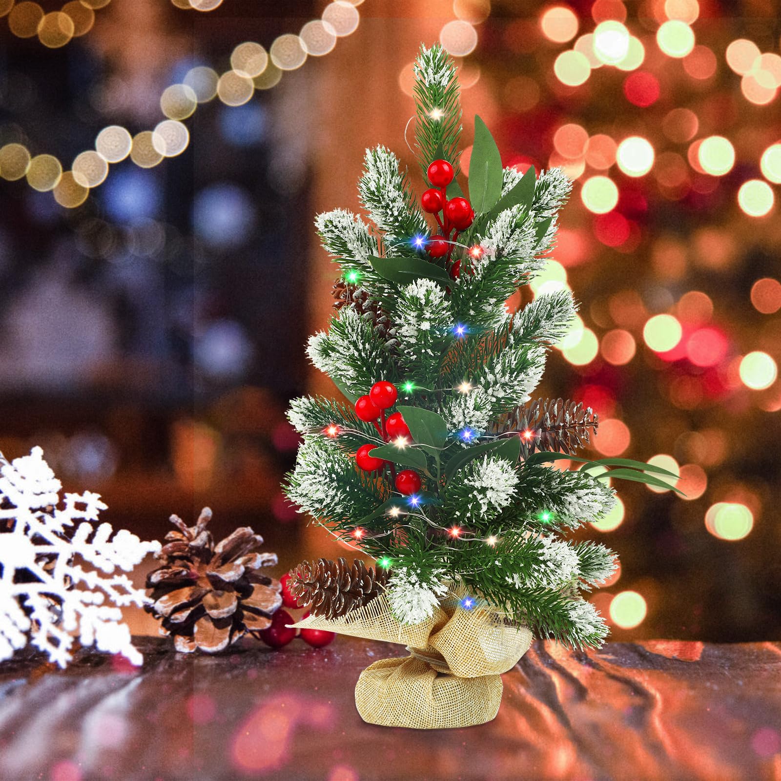 15.7 Inch Tabletop Christmas Tree With Berries & Pinecones - Mini Artificial Xmas Decor For Home, Office, Or Mantle