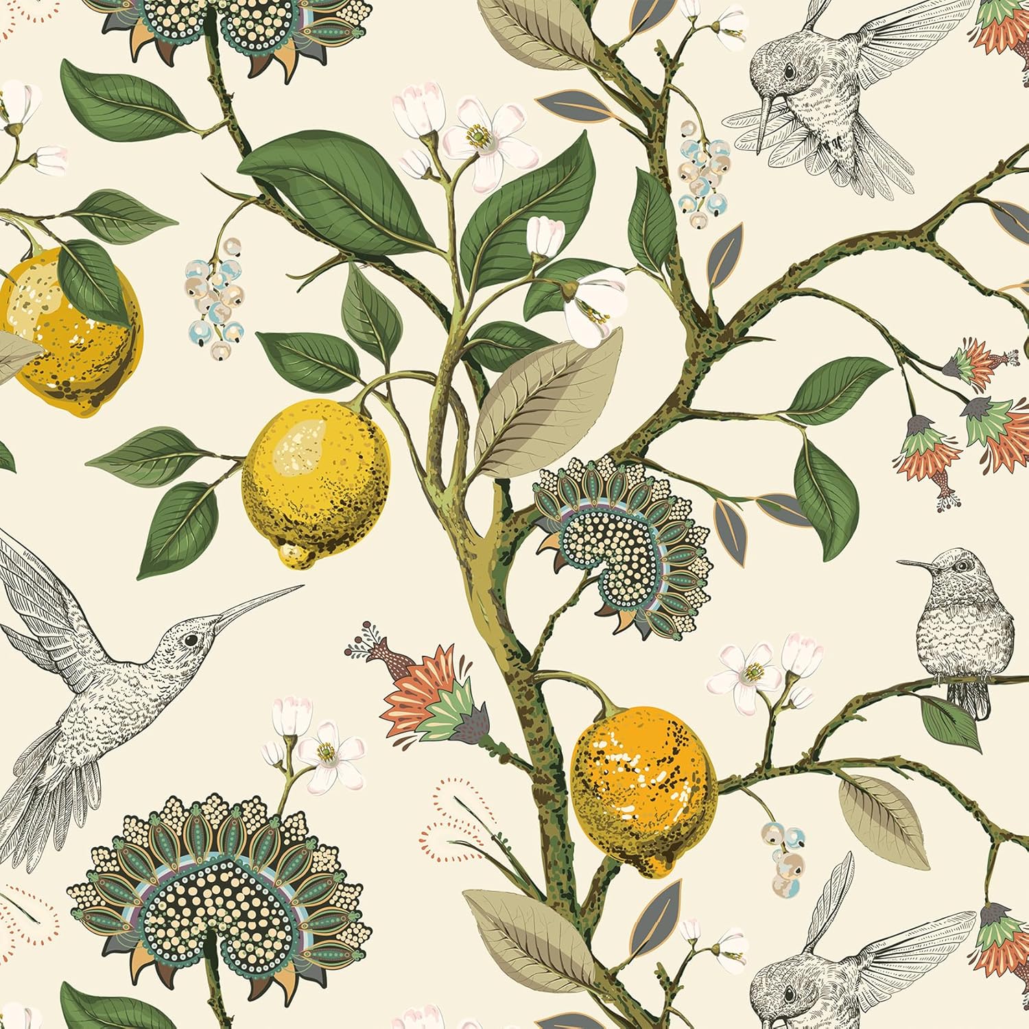 Livelynine 17.5x591 Neutral Bird Wallpaper Peel and Stick Wall Paper Birds Vintage Retro Hummingbird Gold Lemon Tree Kitchen Wallpaper Waterproof Self Adhesive Lemons Contact Paper for Cabinets Green
