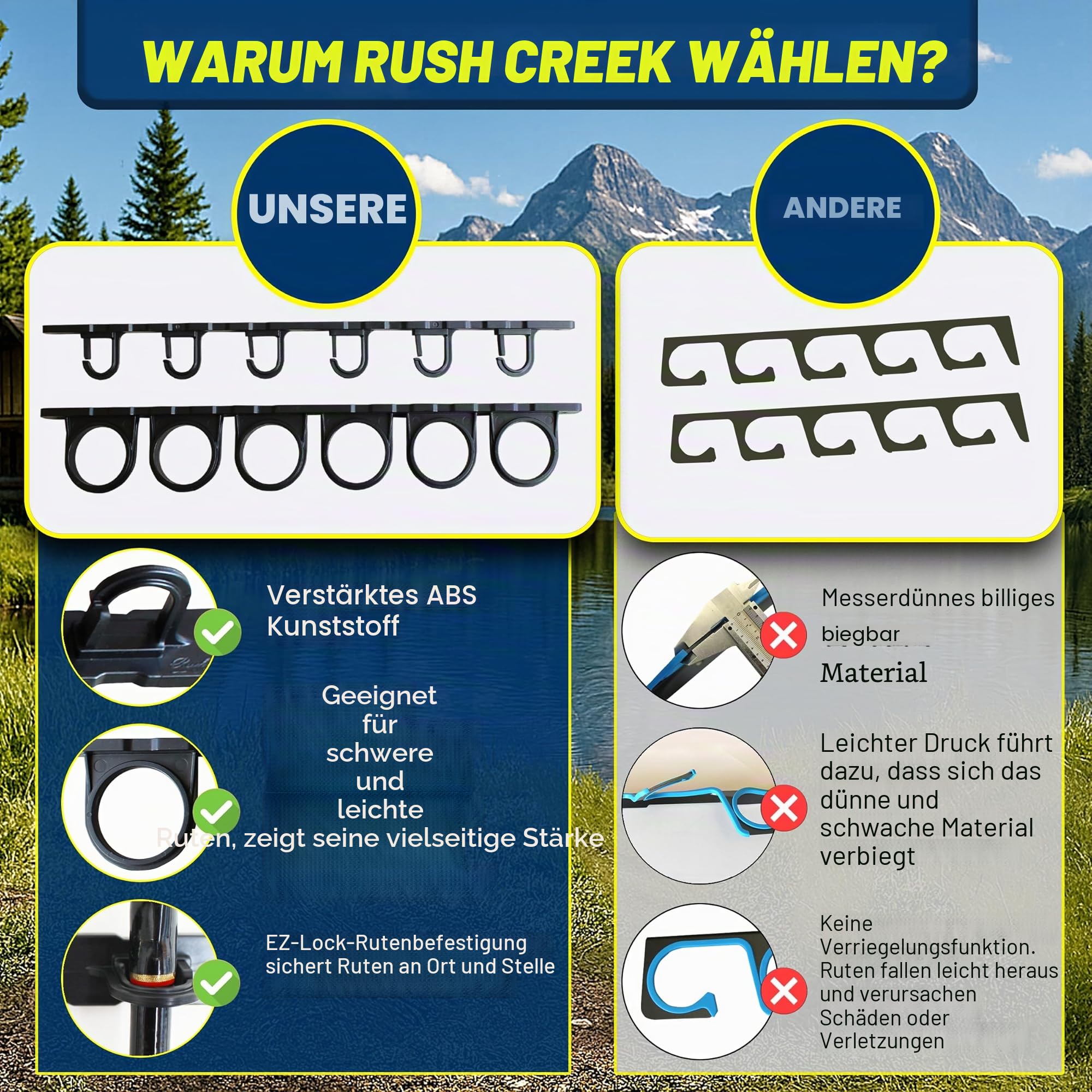 Rush Creek Creations, Decken-Angelrutenhalter für 6 Ruten, Angelrutenhalter zur Garagenorganisation und Wandaufbewahrung, für Angelrollen, Angelausrüstung und Angelzubehör (2 horizontale Halterungen)