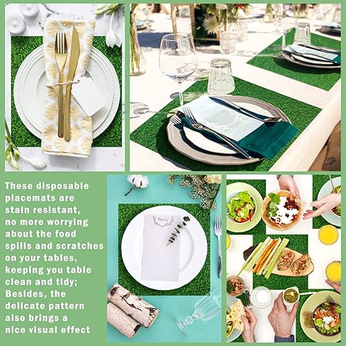 Miniatura 7 de Yinder 50 manteles individuales de papel desechables de hierba falsa, manteles individuales de papel con estampado de hierba verde, para granja,
