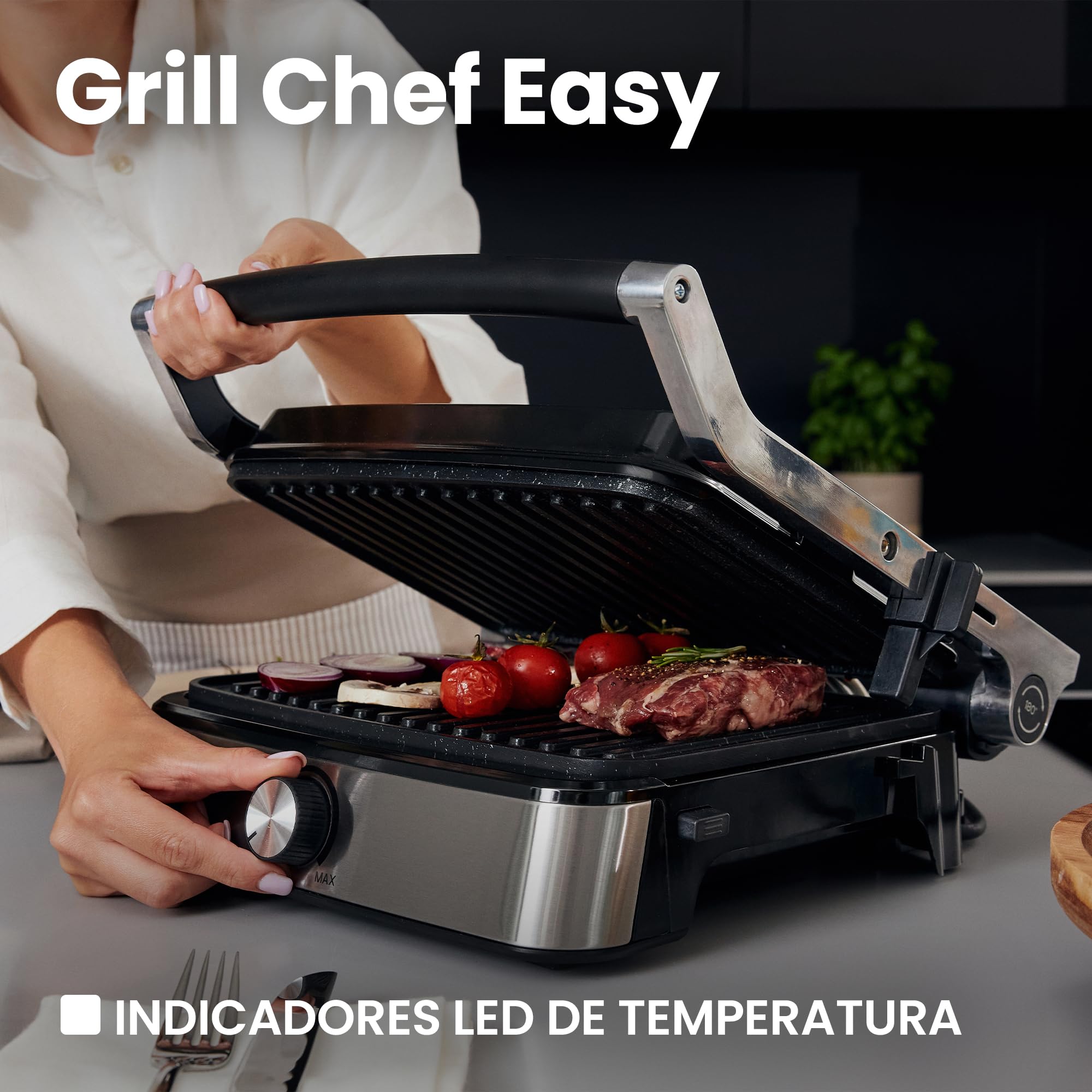 Zeegma Chef Easy Grill Eléctrico 2 en 1 2000W, Placas Antiadherentes de Cerámica, Regulación de Temperatura y Ángulo, Fácil Limpieza en Lavavajillas, Ideal para Carne, Verduras y Panini