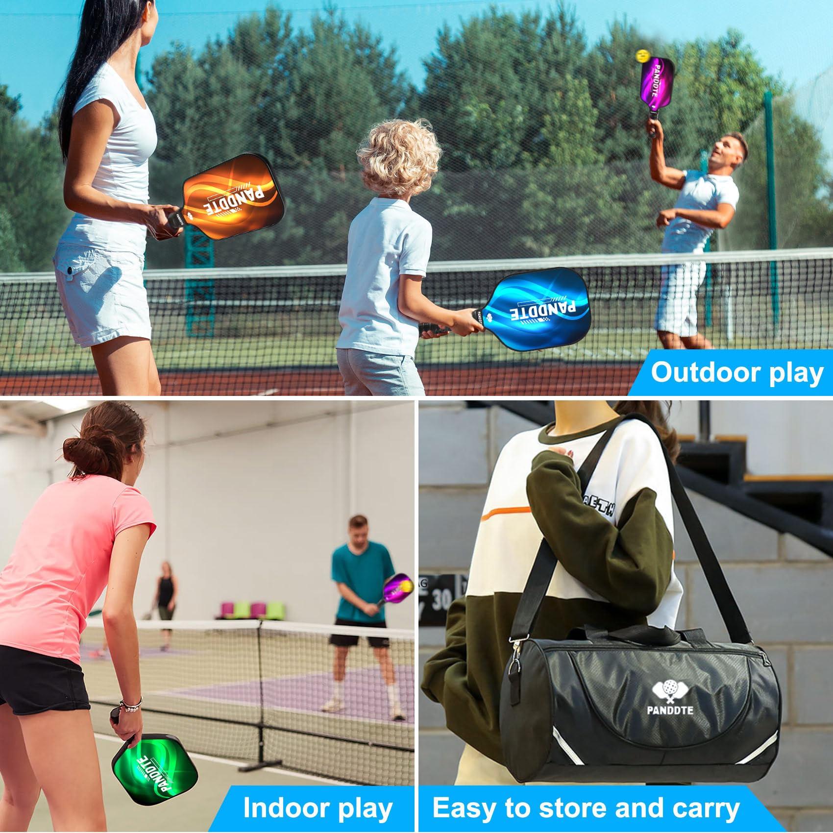 Set di 4 racchette da pickleball in grafite, con 4 palline, 4 impugnature di ricambio e borsa, per principianti e professionisti