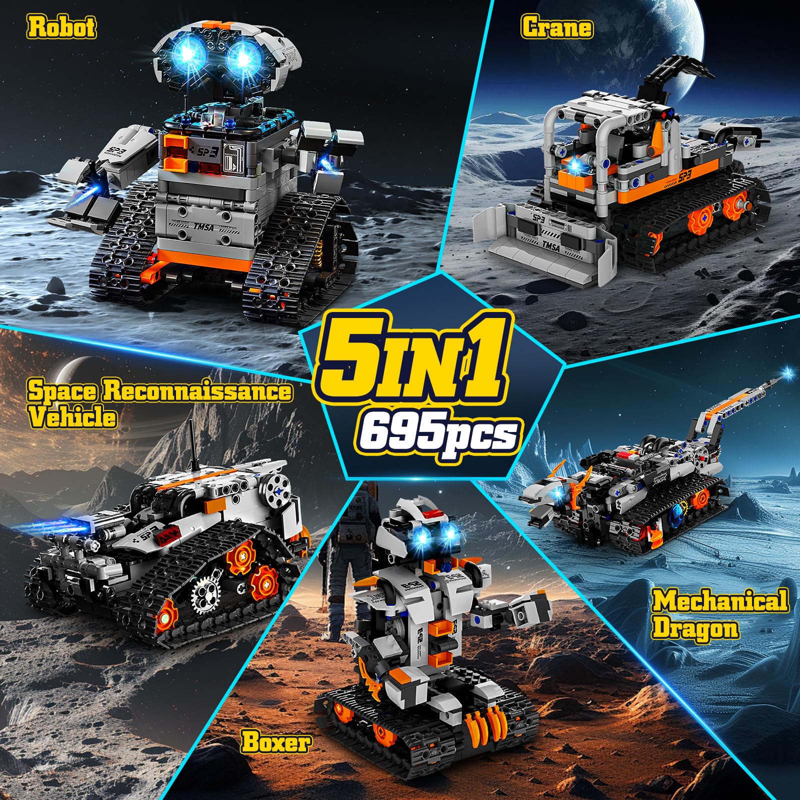 YOOHBERRYS Technic Robot dla dzieci, 5 w 1 Programowalny zestaw do budowy robota z aplikacją i pilotem zdalnego sterowania, kreatywny prezent edukacyjny dla chłopców i dziewcząt w wieku 8 lat (szary)