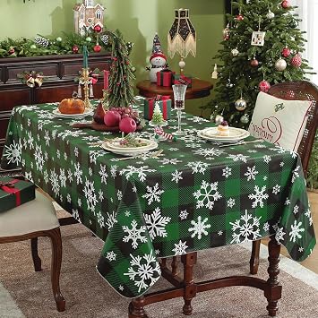 Vinyl Buffalo Plaid Christmas Tablecloth with Flannel Backing Waterproof Checkered Snowflake Heavy Duty Table Cloth Plastic Table Cover for Winter, Xmas, Holiday, Square 52x52 Inch Green and Black