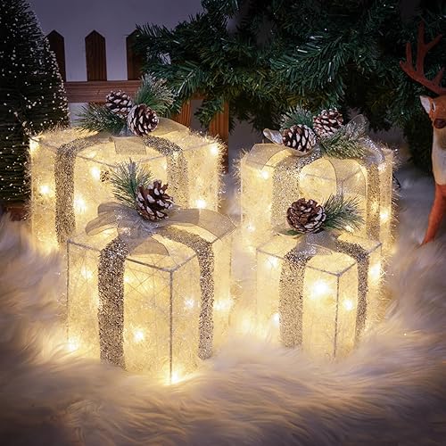 COVFEVER Juego de 4 cajas de regalo iluminadas de Navidad, cajas de regalo con luces preiluminadas, juego de cajas de regalo iluminadas que