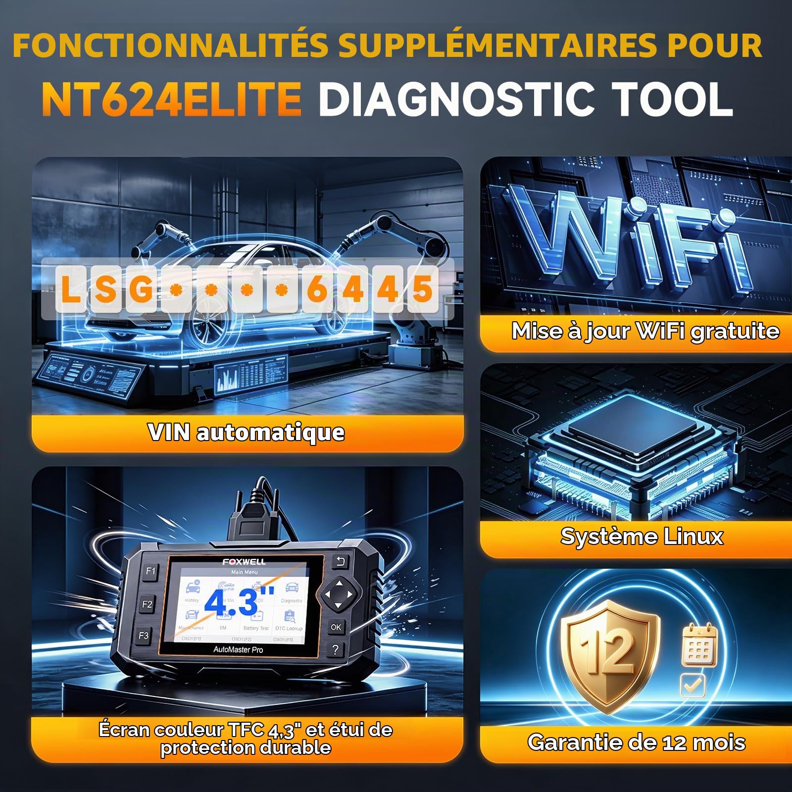 FOXWELL Scanner OBD2 NT624 Elite - Outil de diagnostic de tous les systèmes - Lecteur de code automobile avec réinitialisation d'huile et service EPB pour vérification du moteur, transmission, ABS