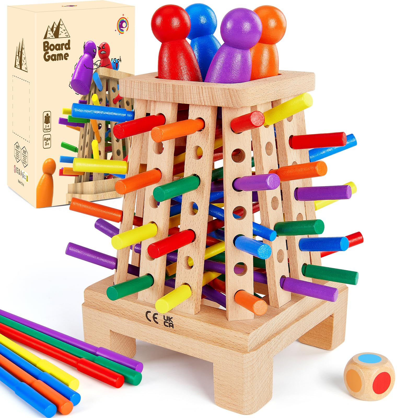 Jeux Montessori Jeu de Société en Bois pour Garçons Filles, Jeu de Tour en Bois avec Bâtons Colorés et Dés Jouets Éducatifs Famille Jeux Voyage Cadeau Enfant 3 4 5 6 7 8 9 Ans