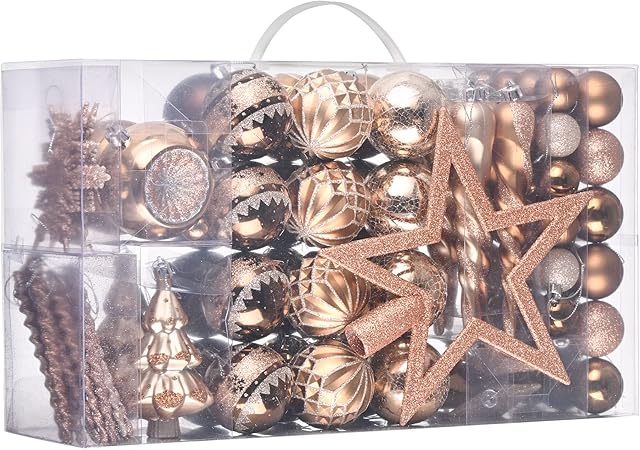 Valery Madelyn 100pcs 3-11cm Shatterproof Christmas Baubles, Woodland Copper and Gold Christmas Ball Ornaments with Tree Top for Christmas Tree Decorations