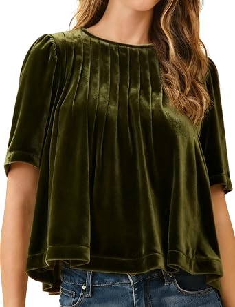 Lentta Womens Velvet Peplum Babydoll Tops Casual Crewneck Pleated Blouse Short Sleeve Flared Swing Pullover
