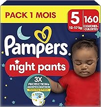 Pampers Night Pants, Taille 5, 160 Couches-Culottes, 12-17kg, Maintien 360° Contre Les Fuites Avec Un Cœur Super Absorbant Pour Une Protection Renforcée Toute La Nuit, Pack 1 Mois