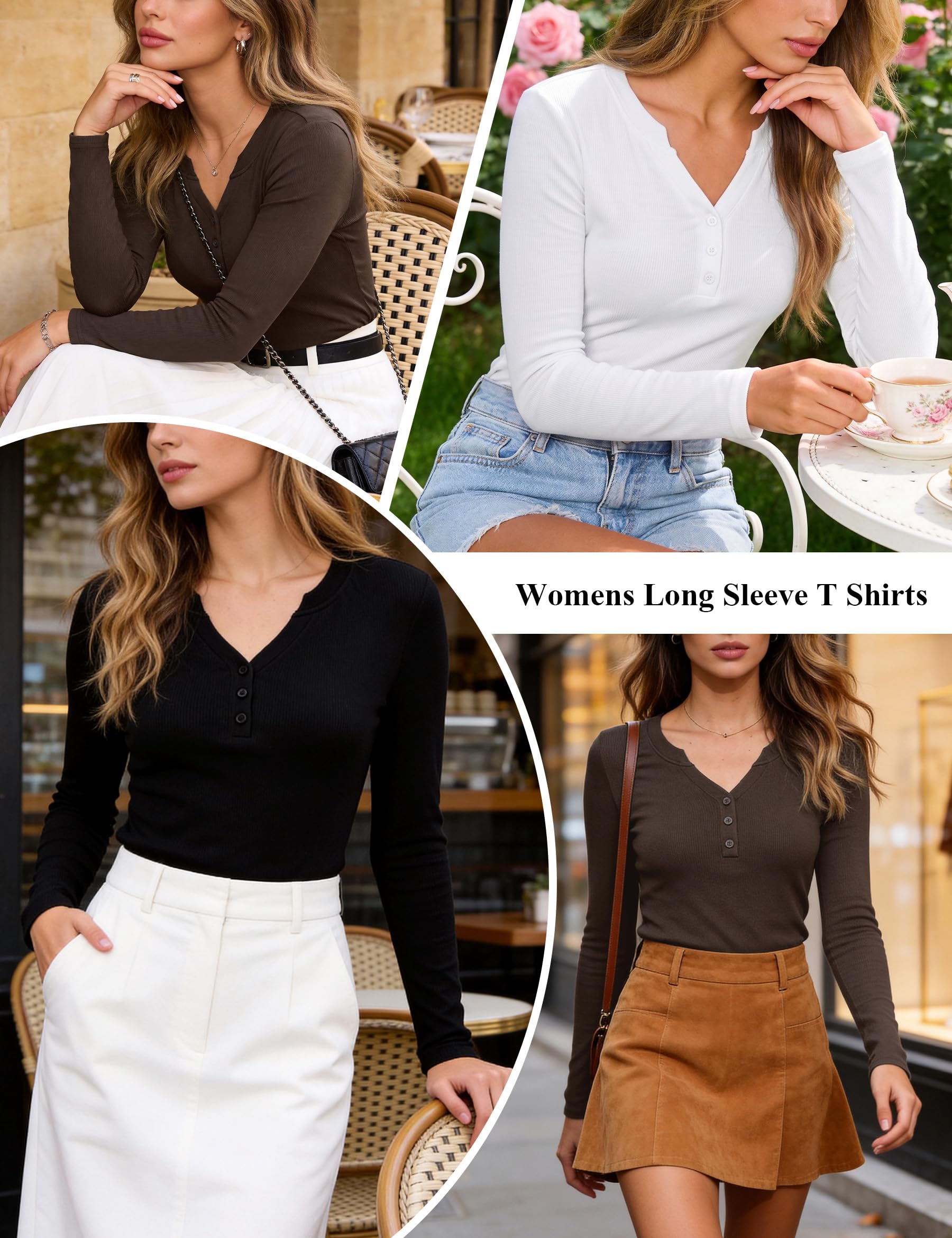 Demegimi T Shirt Femme Manche Longue Col V Bouton Côtelé Slim Pack de 2-3 | Pack de 2 Tee Shirt Femme Manche Longue Col V Côtelé Slim Basique Casual Printemps Automne Taille S a XXL