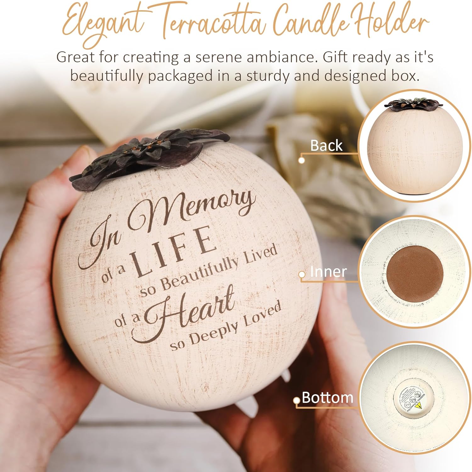 Pavilion Light Your Way Terracotta Candle Holder - "In Memory of A Life So Beautifully Lived, of A Heart So Deeply Loved" Text Design - Bereavement, Memorial Decorative Beige Candle Holders, 5"