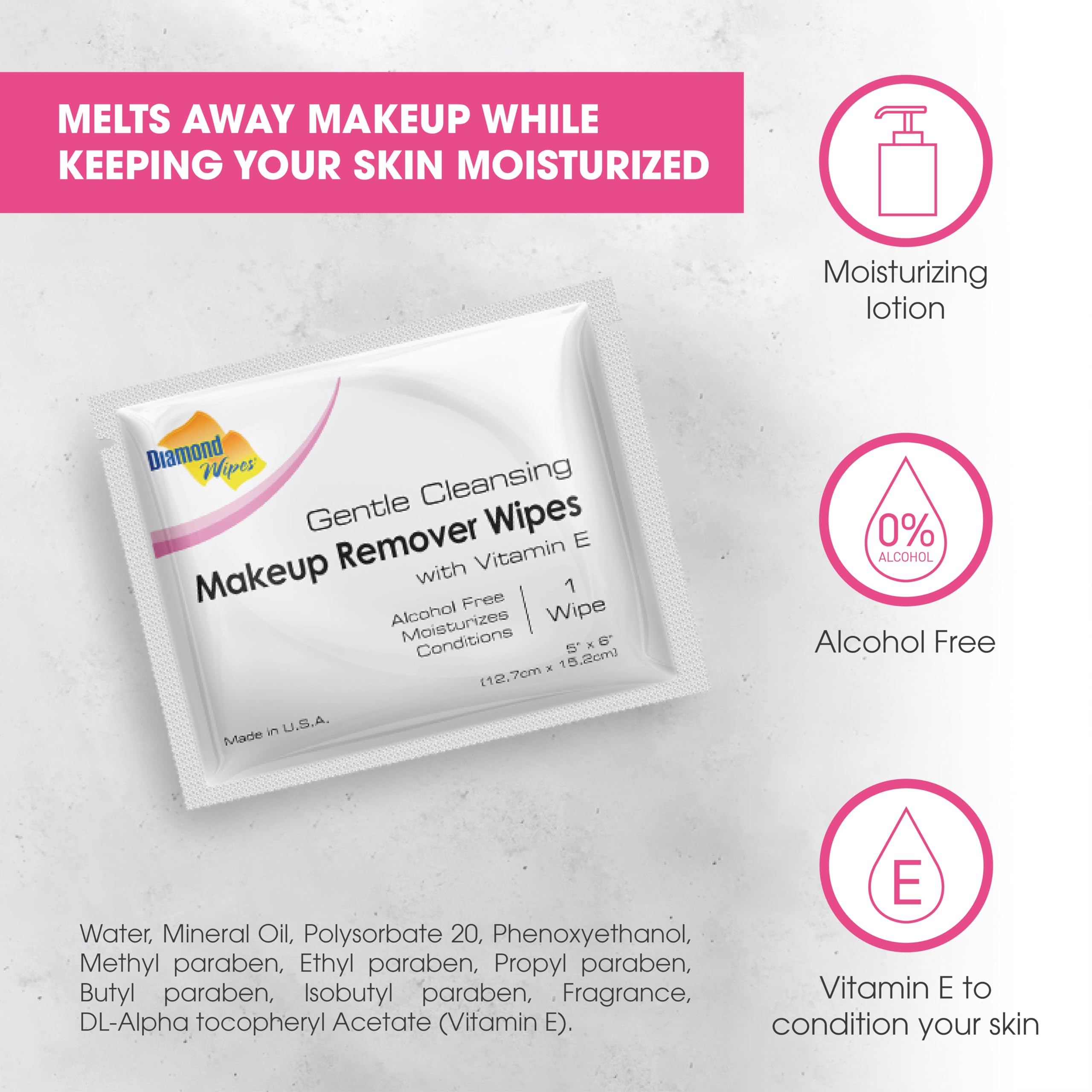 Diamond Wipes Toallitas faciales desmaquillantes resistentes al agua, caja de 250 toallitas sin alcohol y con vitamina E